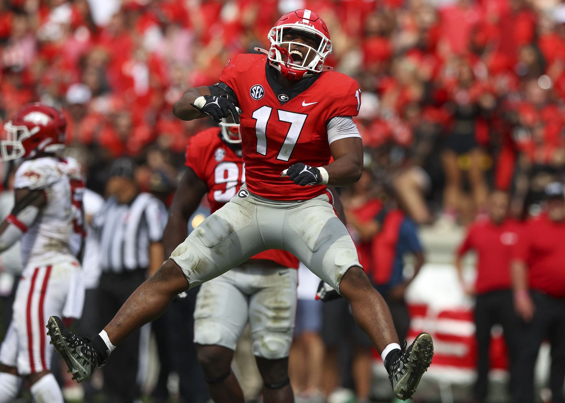 Nakobe Dean #17 of the Georgia Bulldogs reacts in the second half against the Arkansas Razorbacks at Sanford Stadium on October 2, 2021 in Athens, Georgia.