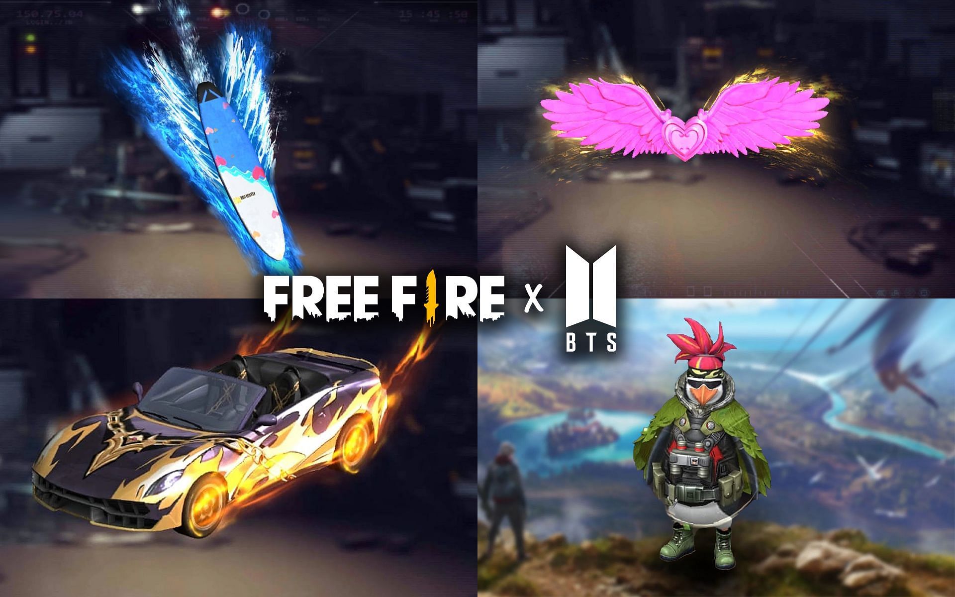 Various rewards that players can claim via Free Fire x BTS events (Image via Sportskeeda)