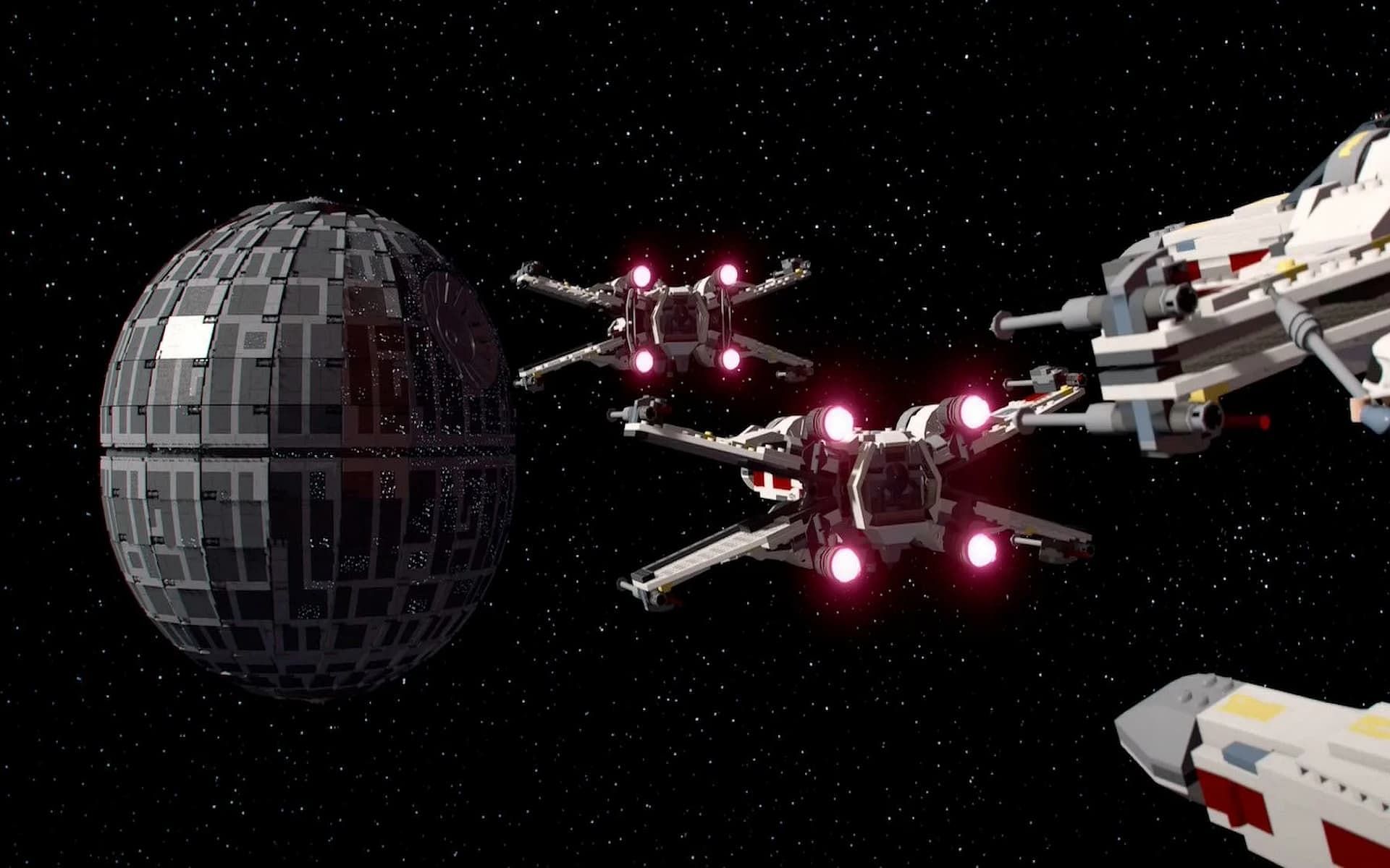 Several X-Wing fighters approach the Death Star (Image via TT Games)