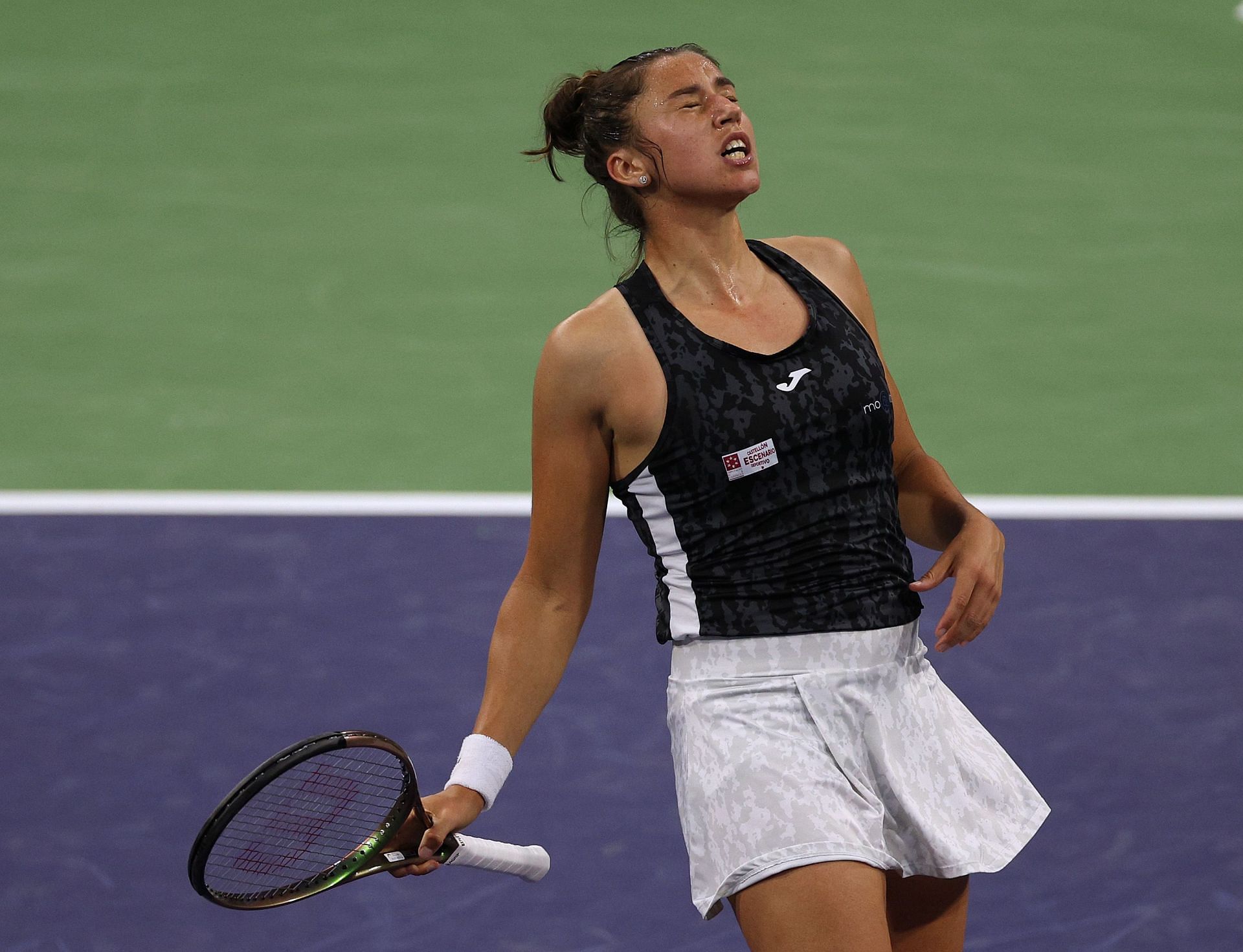 Sara Sorribes Tormo reacts after losing a point at the BNP Paribas Open