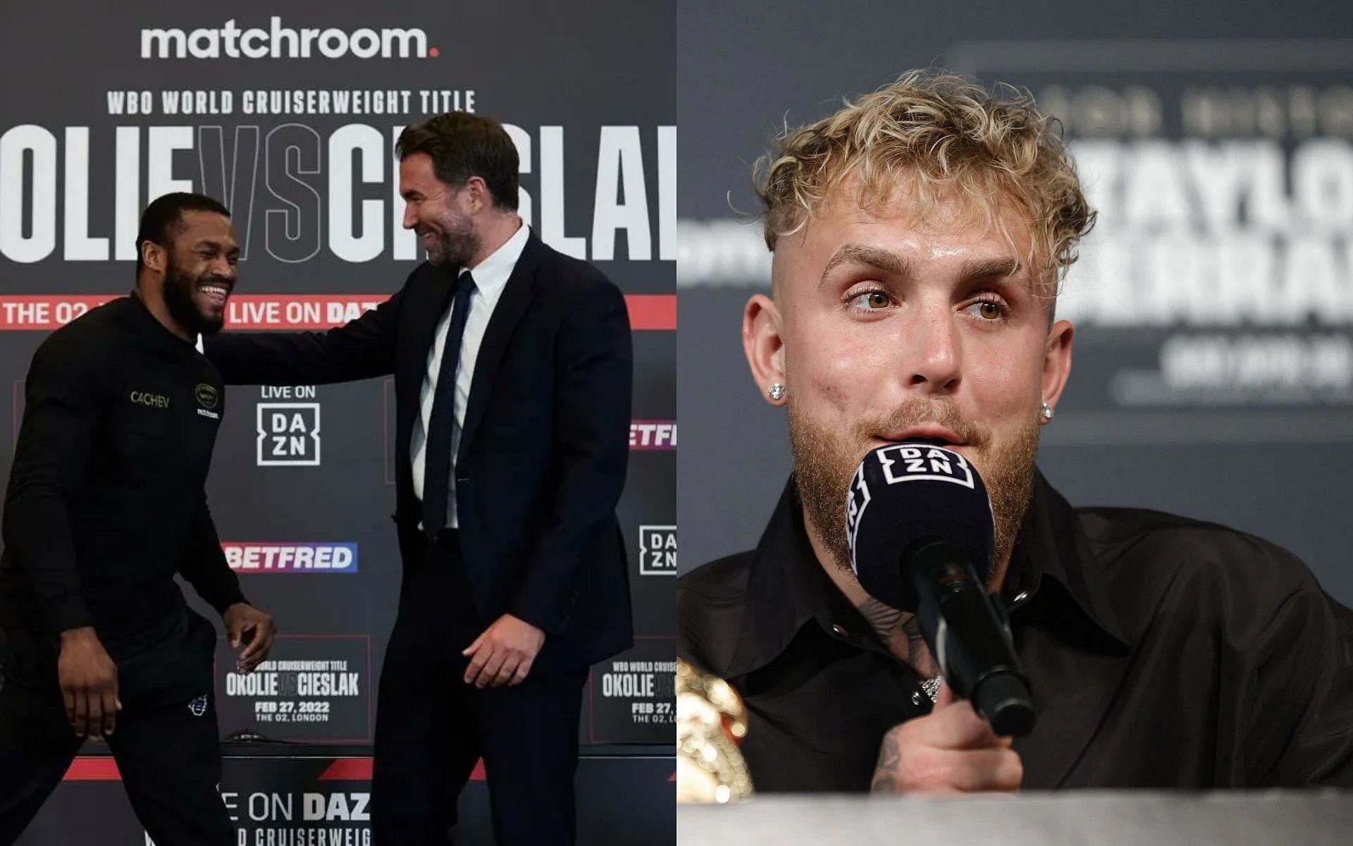 Cheavon Clarke and Eddie Hearn (left) and Jake Paul (right) [Images courtesy of @C4CHEV Twitter and Getty]