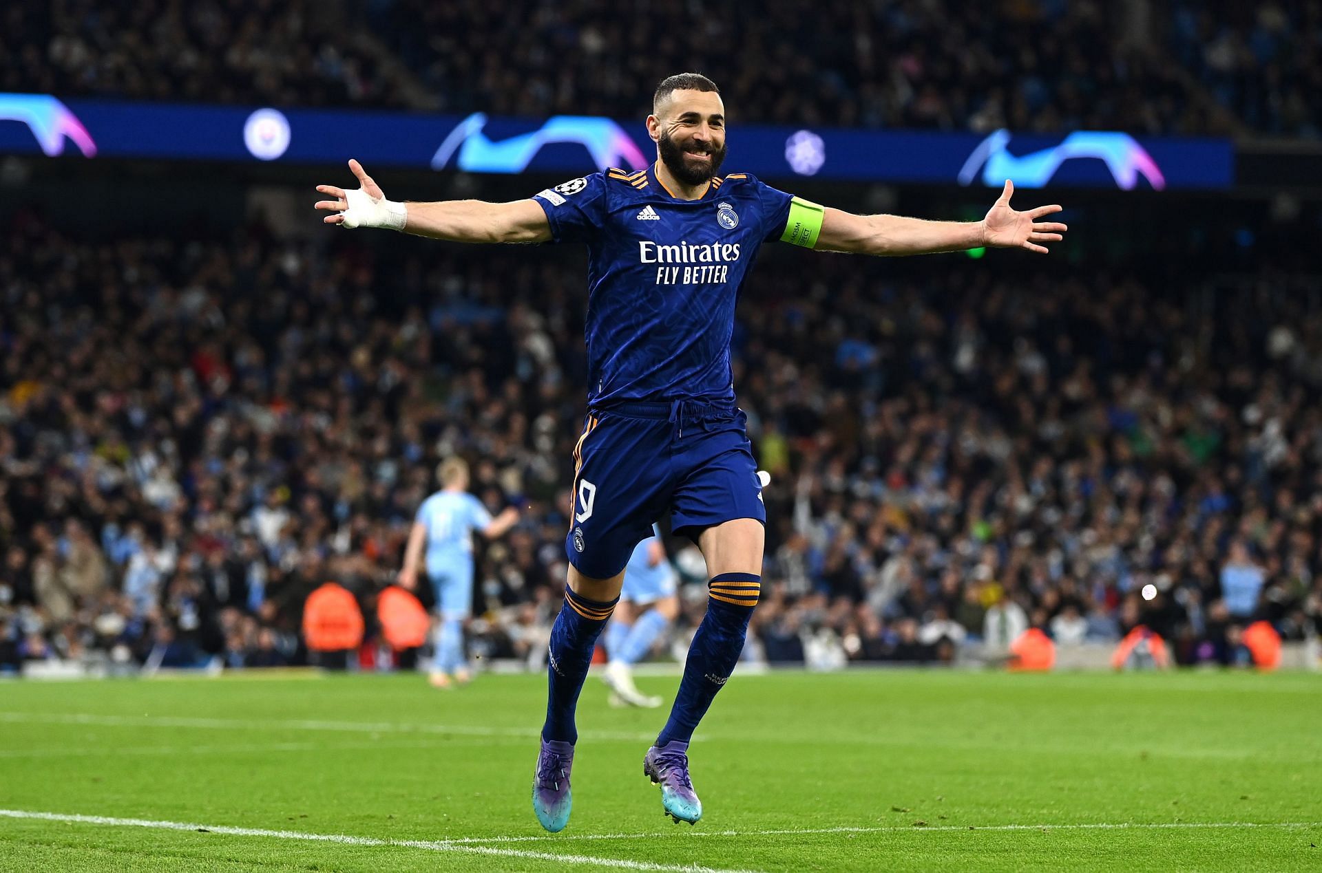 Karim Benzema scored two goals against Manchester City in the first leg of their semifinal tie in the UEFA Champions League (Photo by David Ramos/Getty Images)