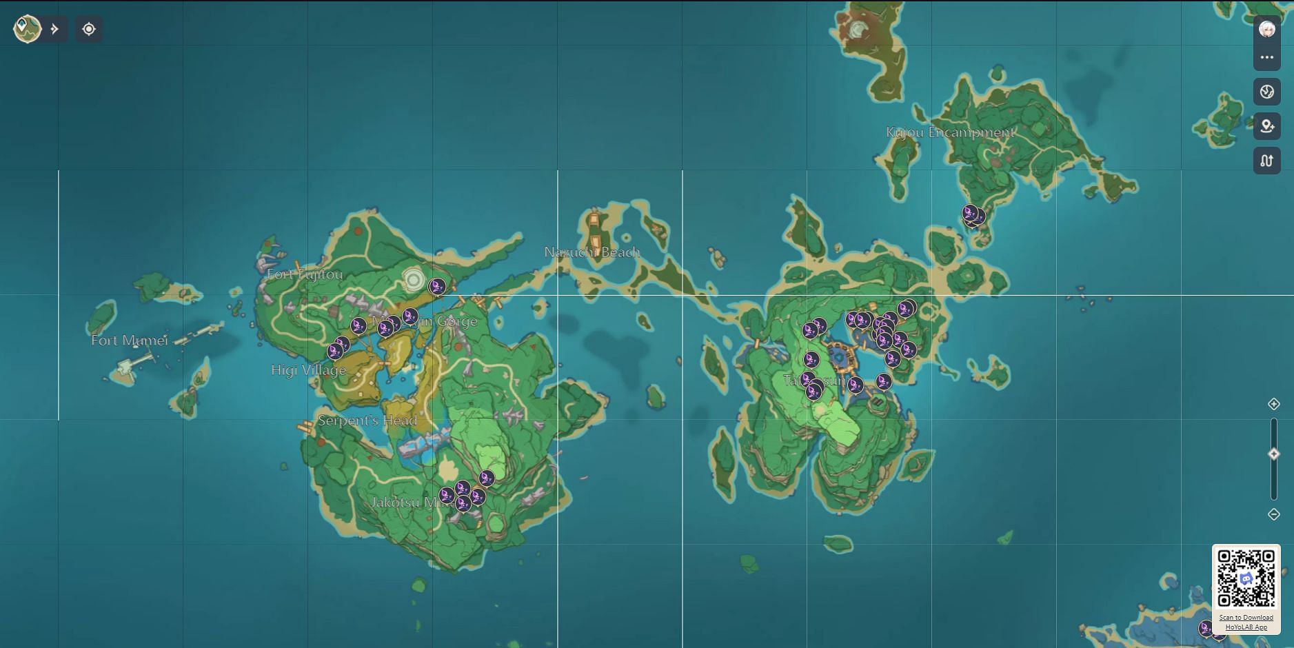 Kannazuka and Seirai Island all Naku Weeds location in Genshin Impact (Image via Teyvat Interactive Map)