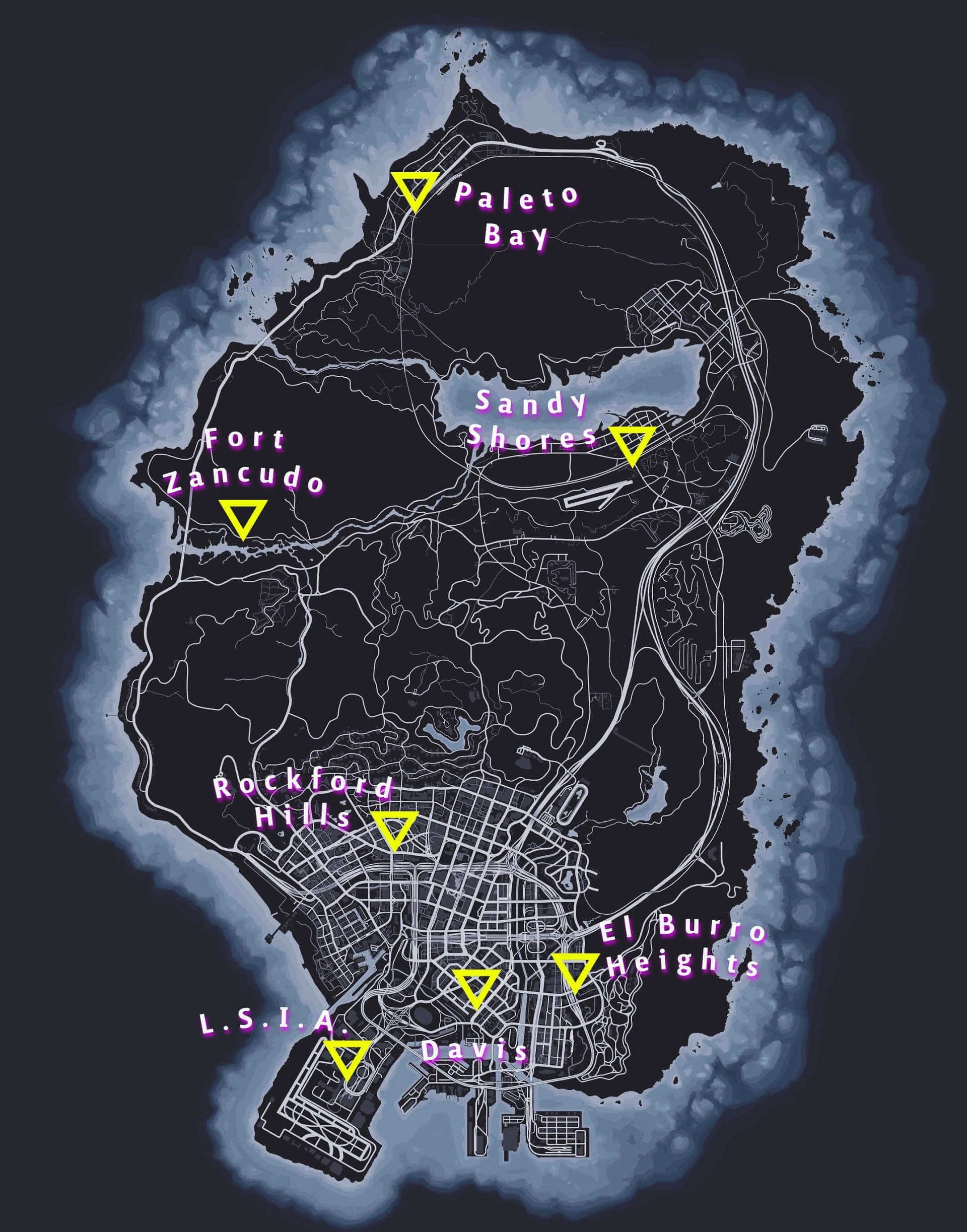 A useful map showing off all of the fire station locations (Image via Rockstar Games)