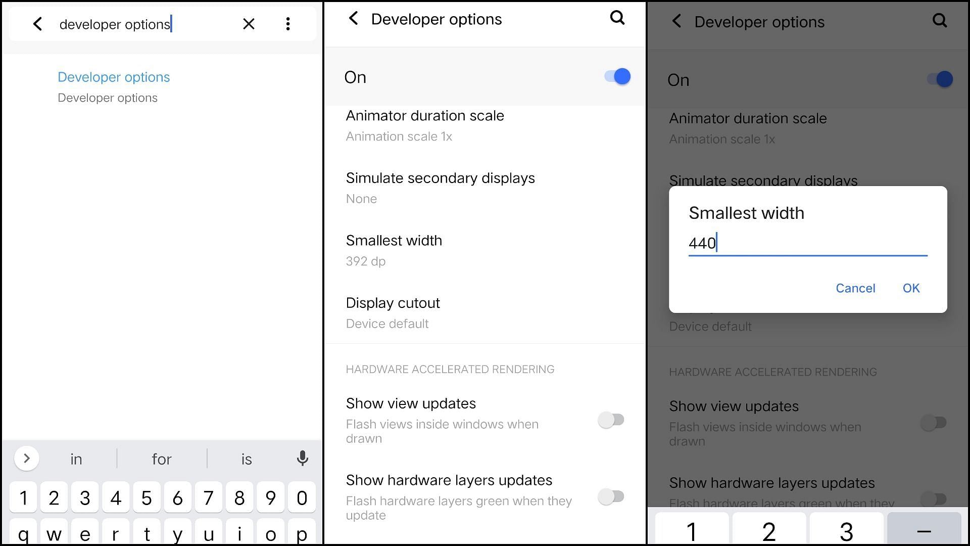 Use &quot;Smallest width&quot; in &quot;Developer options&quot; to change the DPI (Image via iQOO)