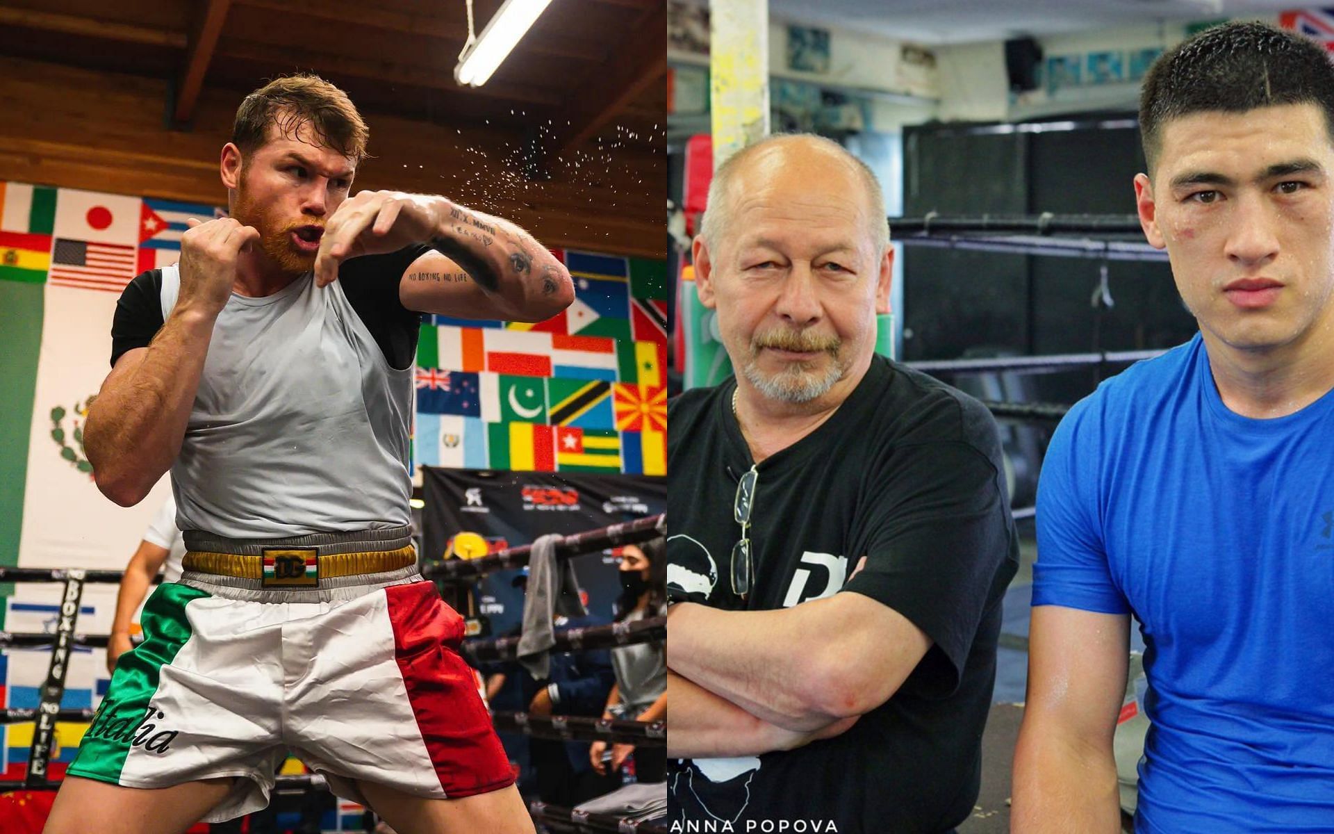 Canelo Alvarez (left) and Dmitry Bivol with his trainer (right)