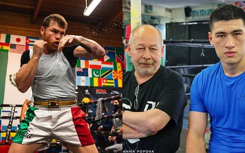 Canelo Alvarez (left) and Dmitry Bivol with his trainer (right)