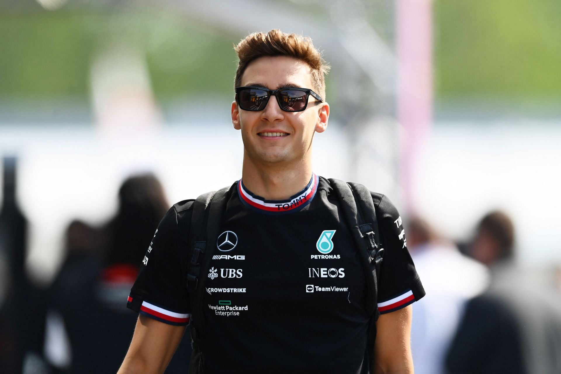 George Russell walks in the Paddock before practice ahead of the F1 Grand Prix of Emilia Romagna (Photo by Dan Mullan/Getty Images)