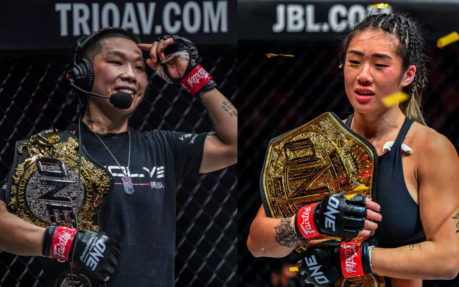 Angela Lee (right) wants to have a trilogy fight against Xiong Jing Nan (left) for the ONE women&#039;s strawweight world title. [Photos ONE Championship]