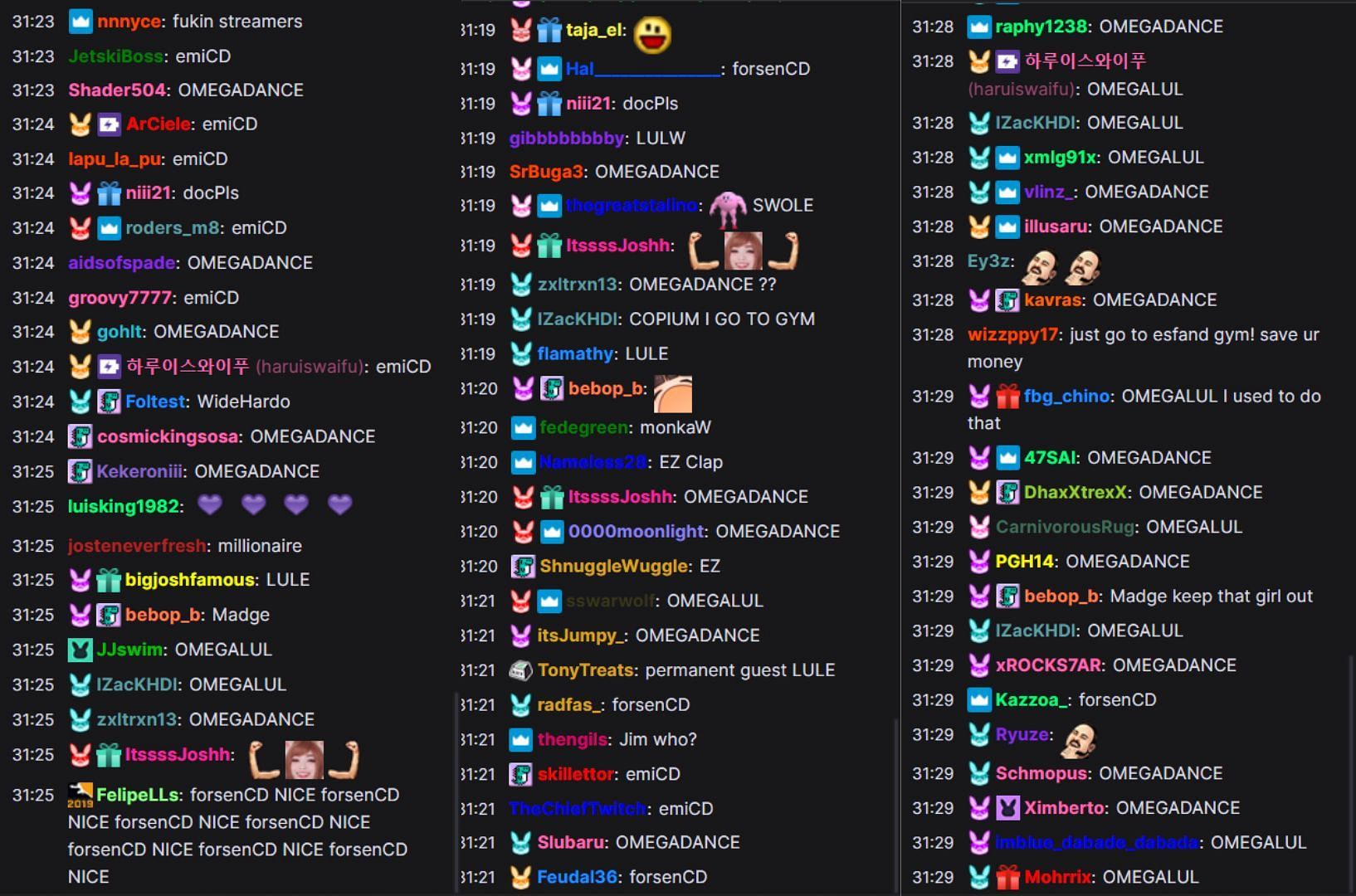 Screenshot of fans&#039; reactions to the hilarious story (Image via emiru/Twitch)