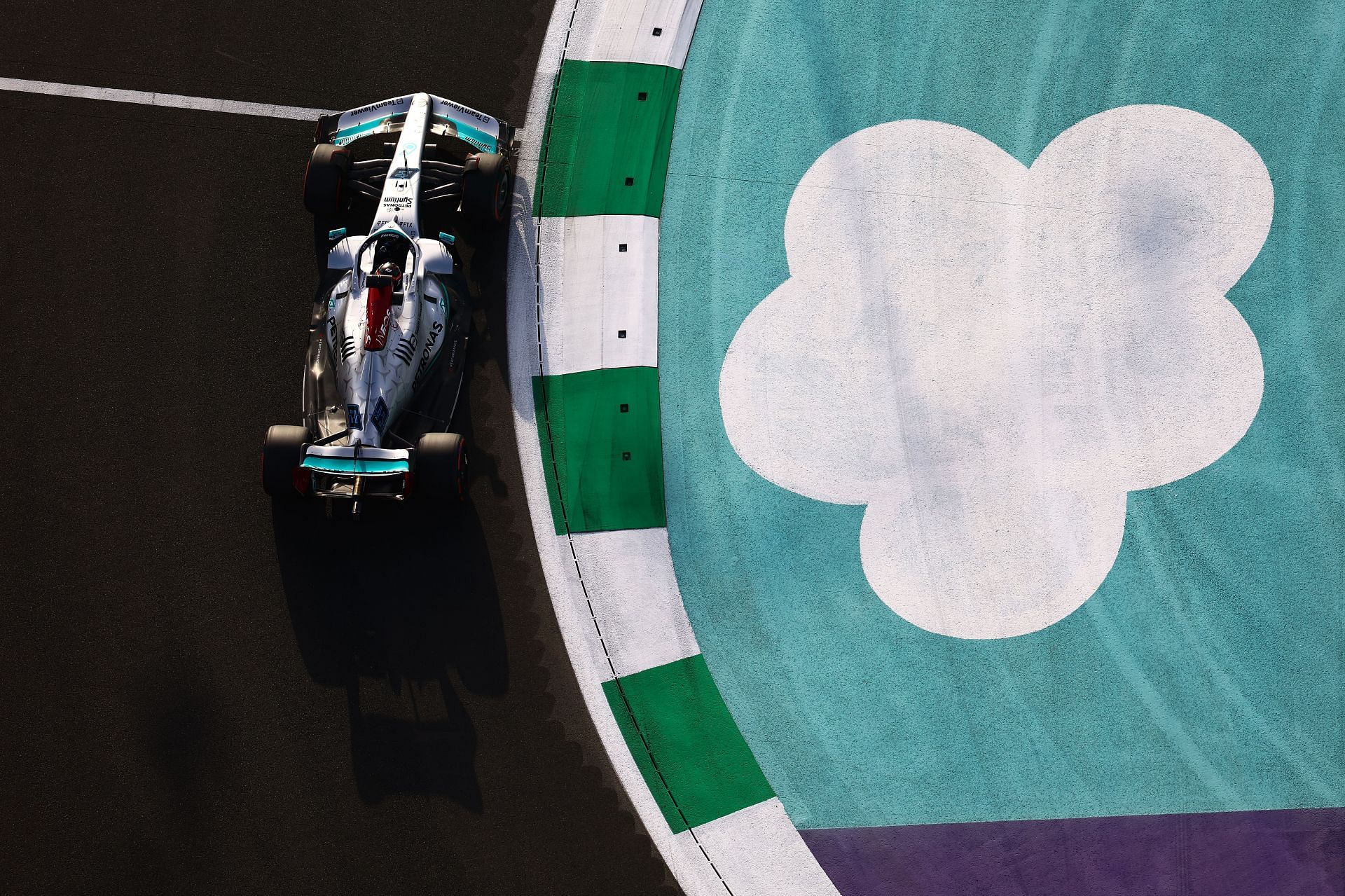 Mercedes&#039; George Russell in action during the 2022 Saudi Arabian GP weekend (Photo by Mark Thompson/Getty Images)