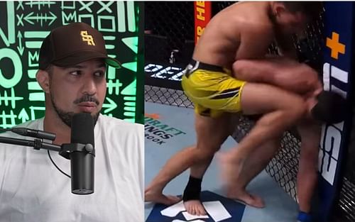 Brendan Schaub (left), Caio Borralho and Gadzhi Omargadzhiev (right) [Image courtesy: Thiccc Boy via YouTube and MMA Mania via Twitter]