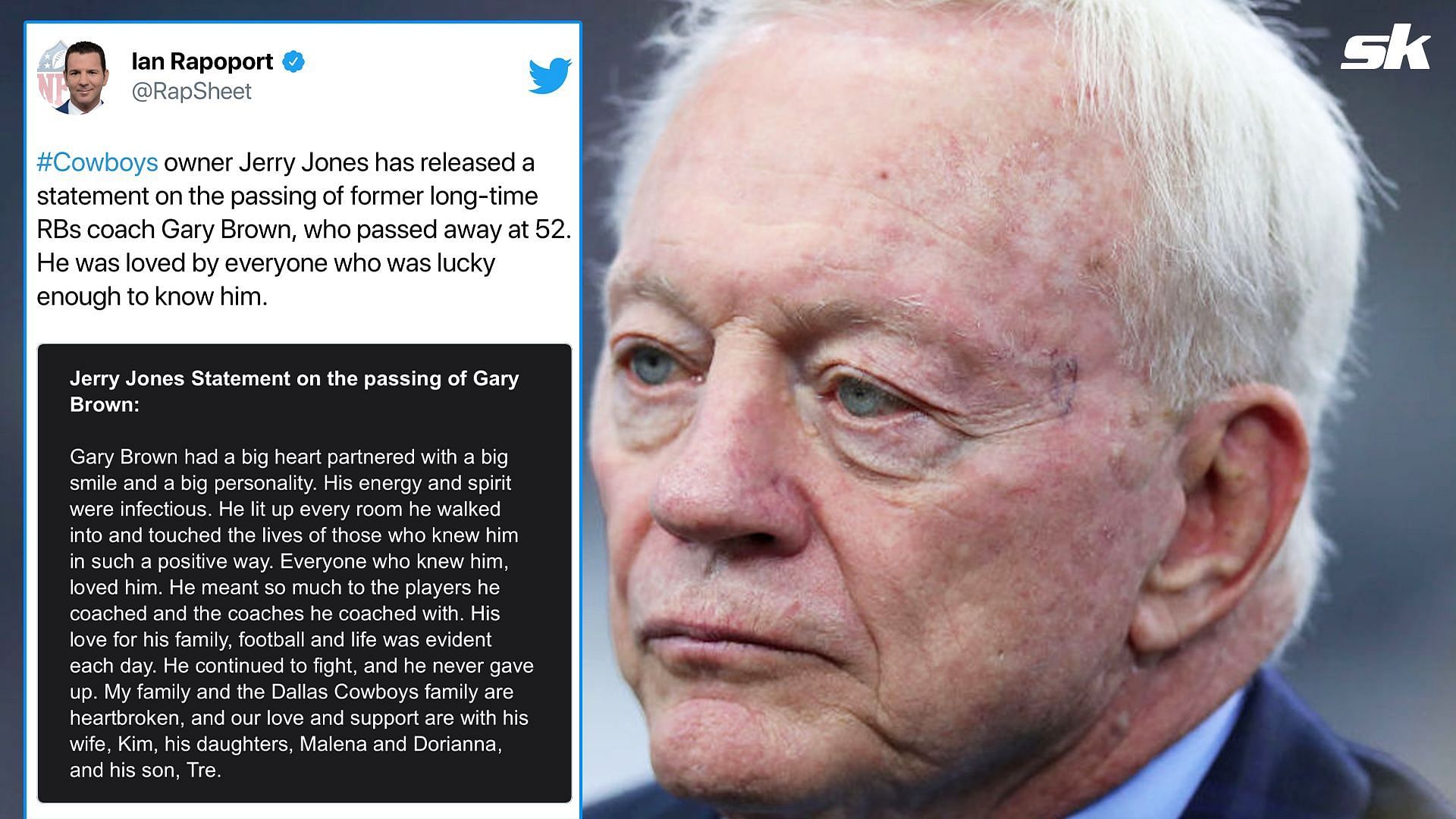 Dallas Cowboys owner Jerry Jones released a statment following the death of Gary Brown, who passed away at the age of 52