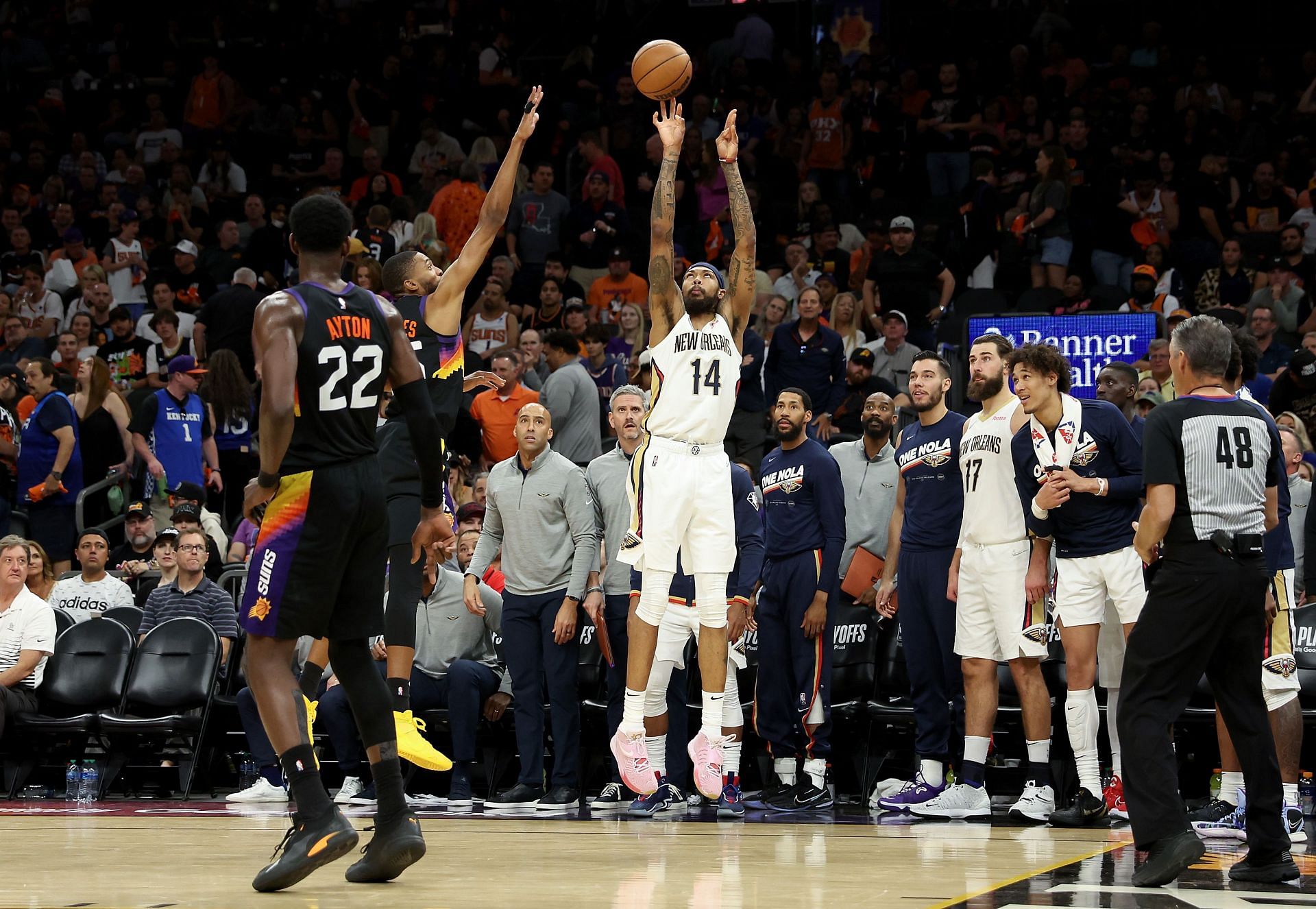 New Orleans Pelicans vs. Phoenix Suns - Game 2; Brandon Ingram shoots a three.