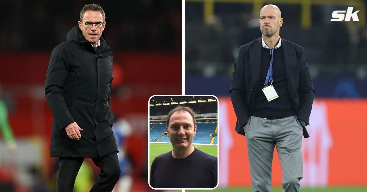 [L-to-R] Ralf Rangnick and Erik ten Hag; [inset] Noel Whelan.
