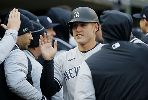 Anthony Rizzo celebrates in the New York Yankees' dugout