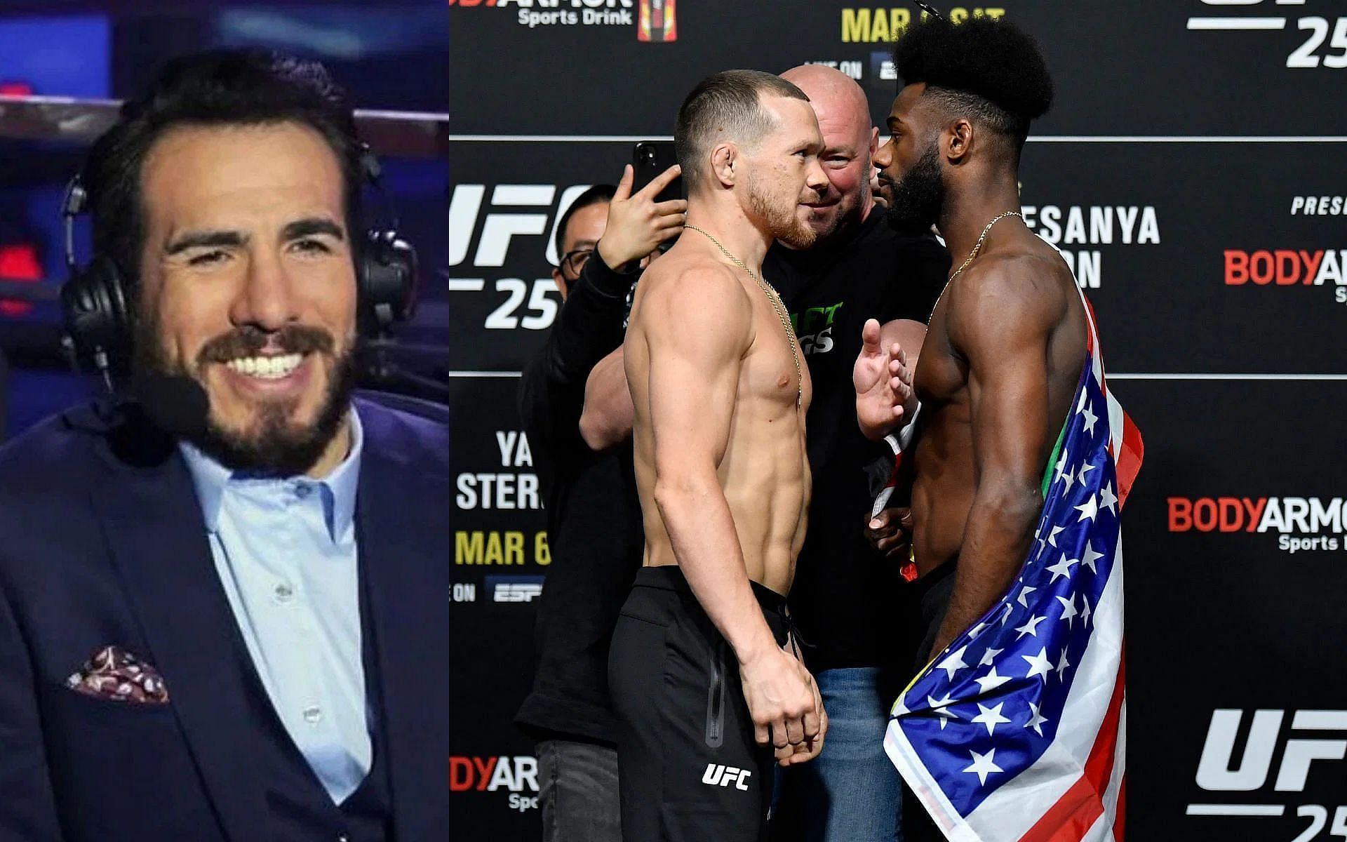 Kenny Florian (left), Petr Yan and Aljamain Sterling (right)