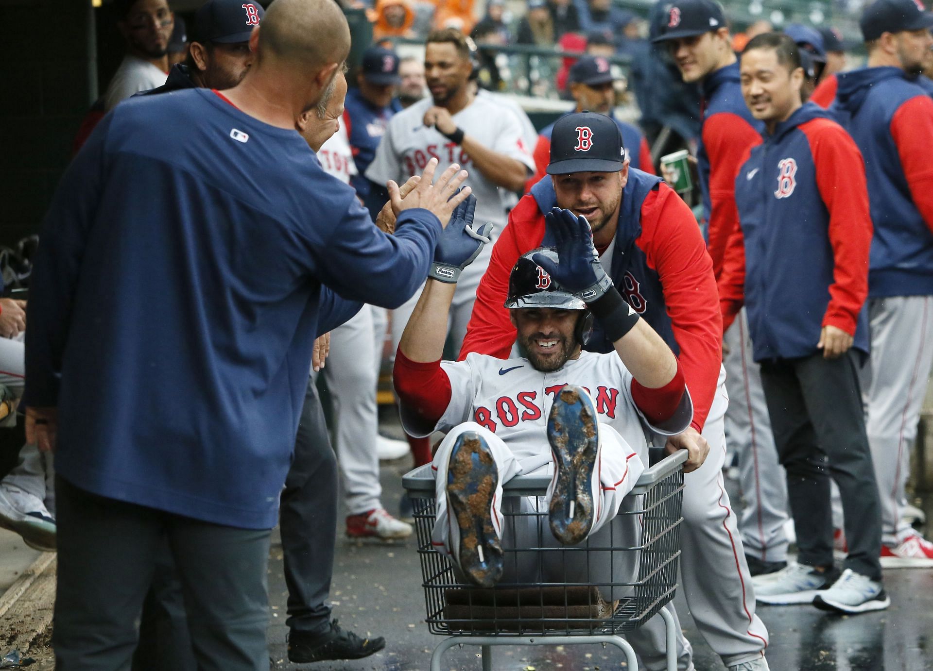 The Red Sox celebrates in the dugout