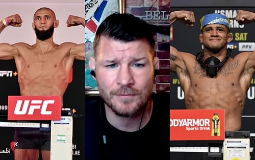 Khamzat Chimaev (left), Michael Bisping (center, image via YouTube/BTSport), Gilbert Burns (right)