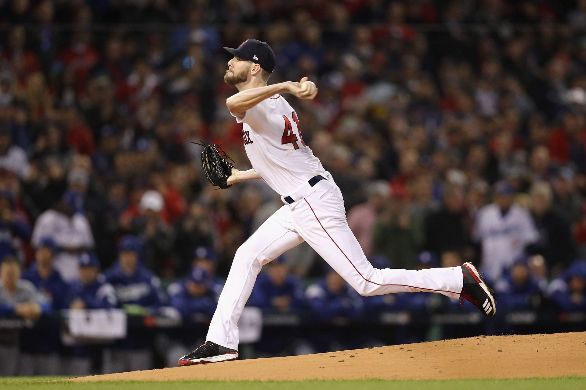 Chris Sale pitching in the World Series against the Los Angeles Dodgers