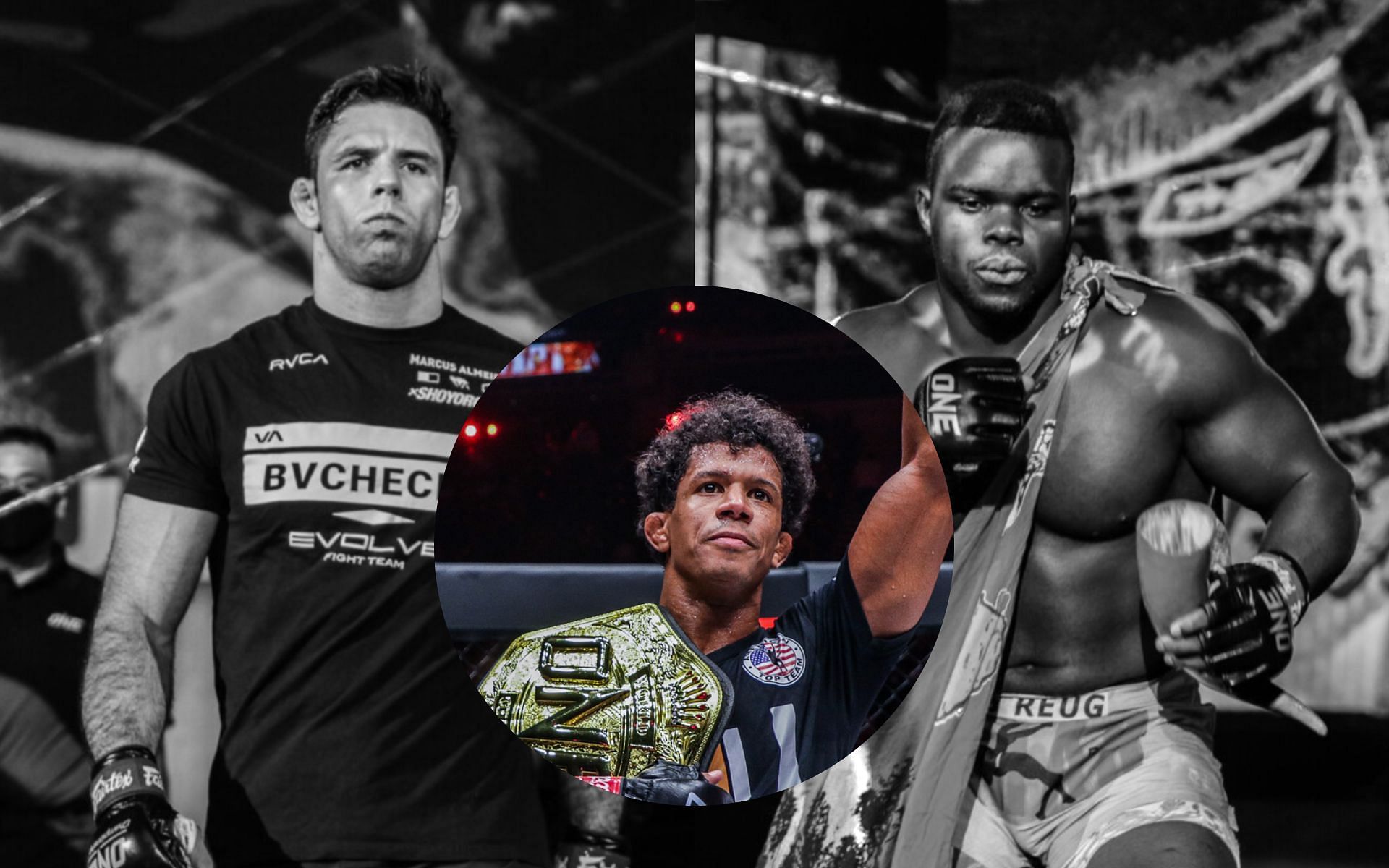 Adriano Moraes (center circle) believes Marcus &#039;Buchecha&#039; Almeida (left) will beat &#039;Reug Reug&#039; Oumar Kane (right) at ONE: Eersel vs. Sadikovic. [Photos ONE Championship]