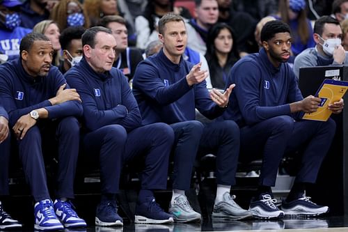 New Duke head coach Jon Scheyer alongside former head coach Mike Krzyzewski.