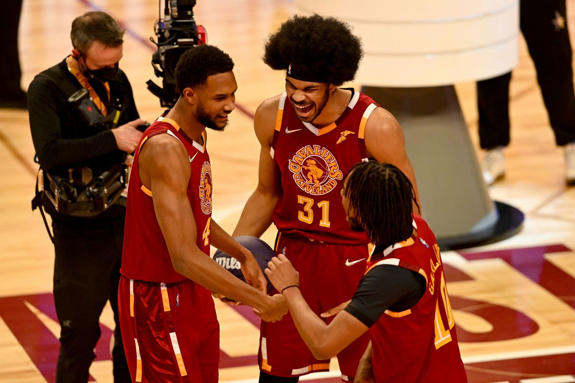 Evan Mobley #4, Darius Garland #10 and Jarrett Allen #31 of Team Cavs react after winning the Taco Bell Skills Challenge as part of the 2022 All-Star Weekend at Rocket Mortgage Fieldhouse on February 19, 2022 in Cleveland, Ohio.