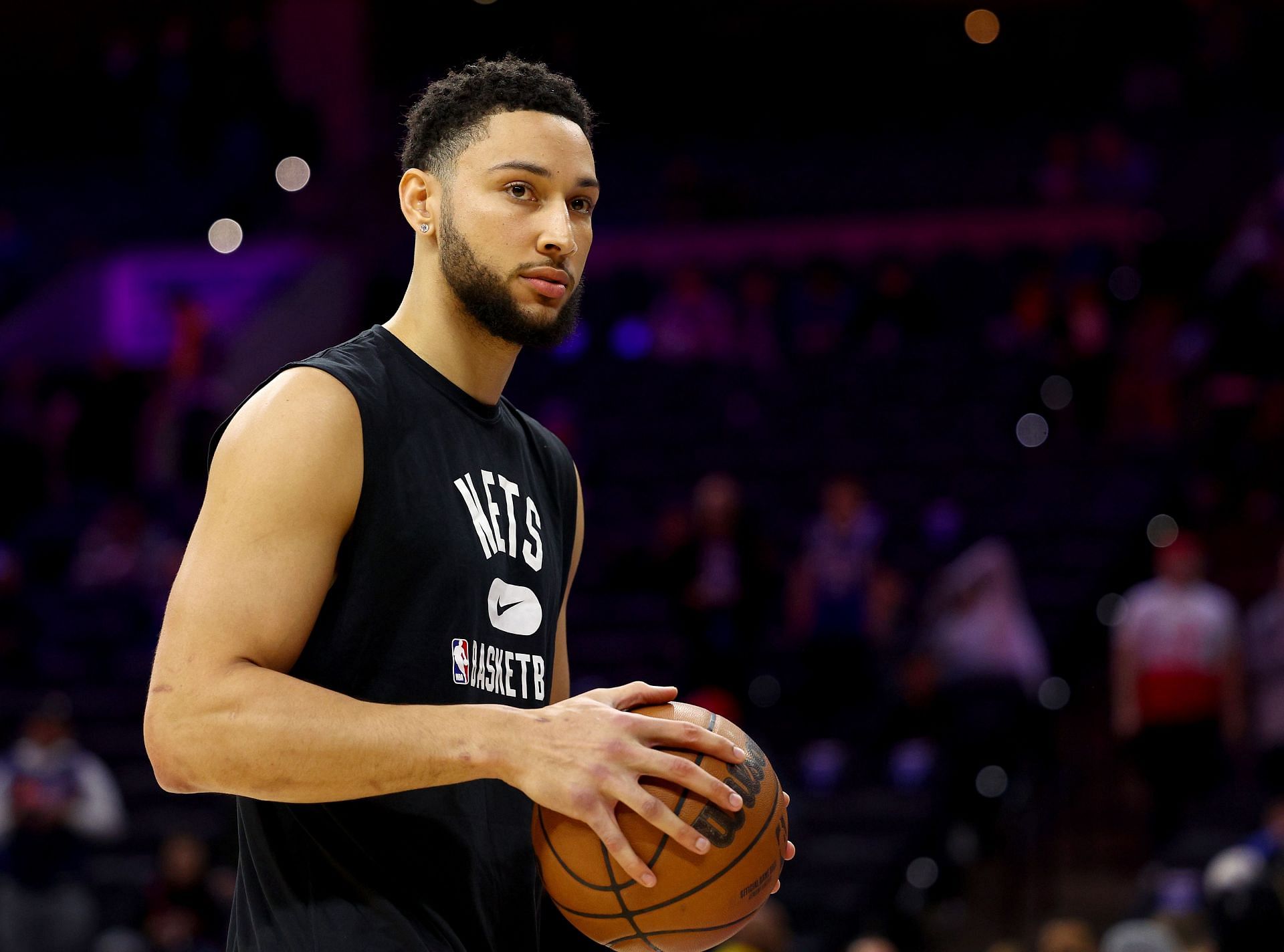Brooklyn Nets v Philadelphia 76ers; Ben Simmons with team in warm up, still sidelined