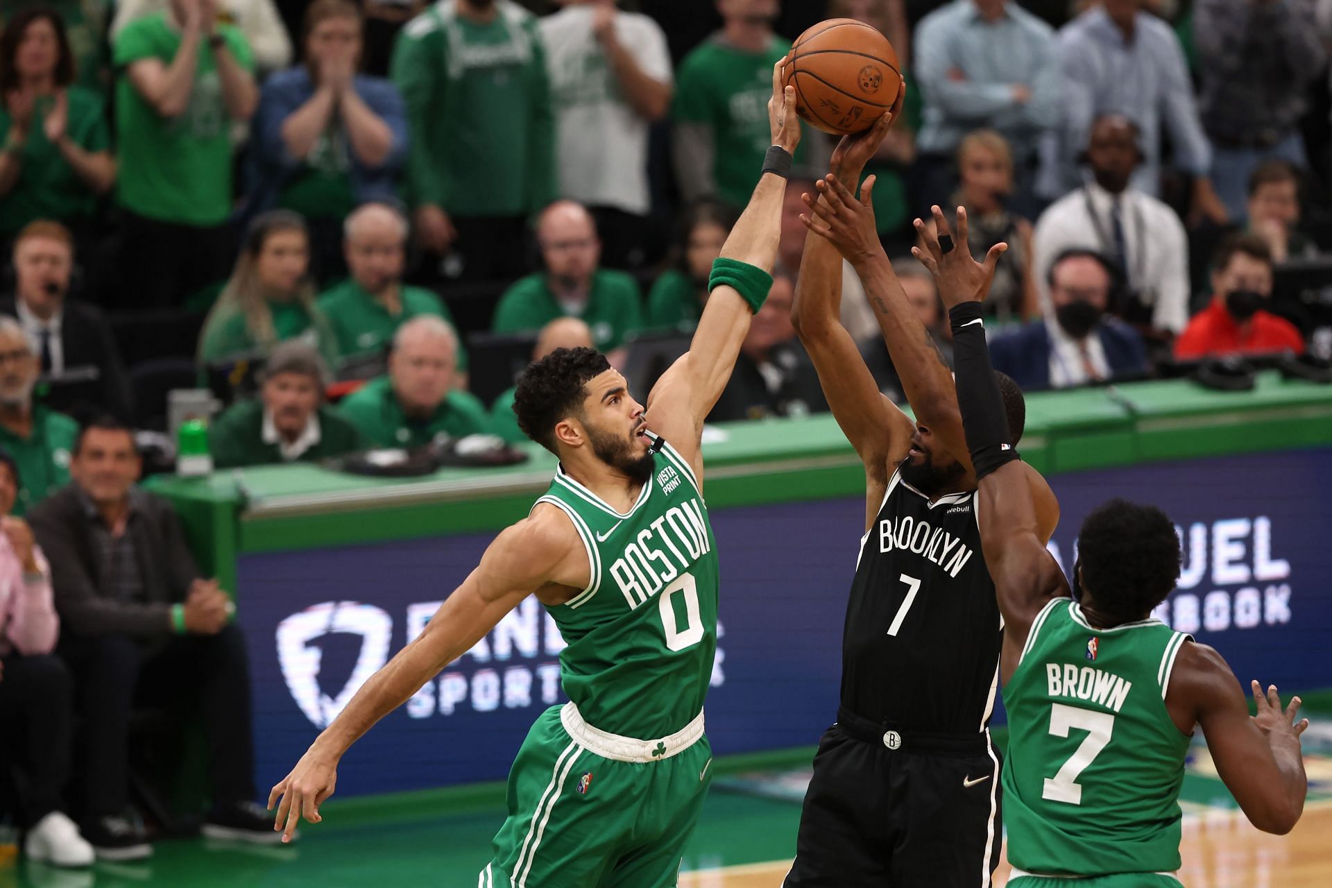 Brooklyn Nets v Boston Celtics - Game Two; Kevin Durant gets blocked by &lt;a href=&#039;https://www.sportskeeda.com/basketball/jayson-tatum&#039; target=&#039;_blank&#039; rel=&#039;noopener noreferrer&#039;&gt;Jayson Tatum&lt;/a&gt;