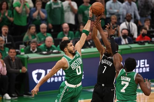 Brooklyn Nets v Boston Celtics - Game Two; Kevin Durant gets blocked by Jayson Tatum