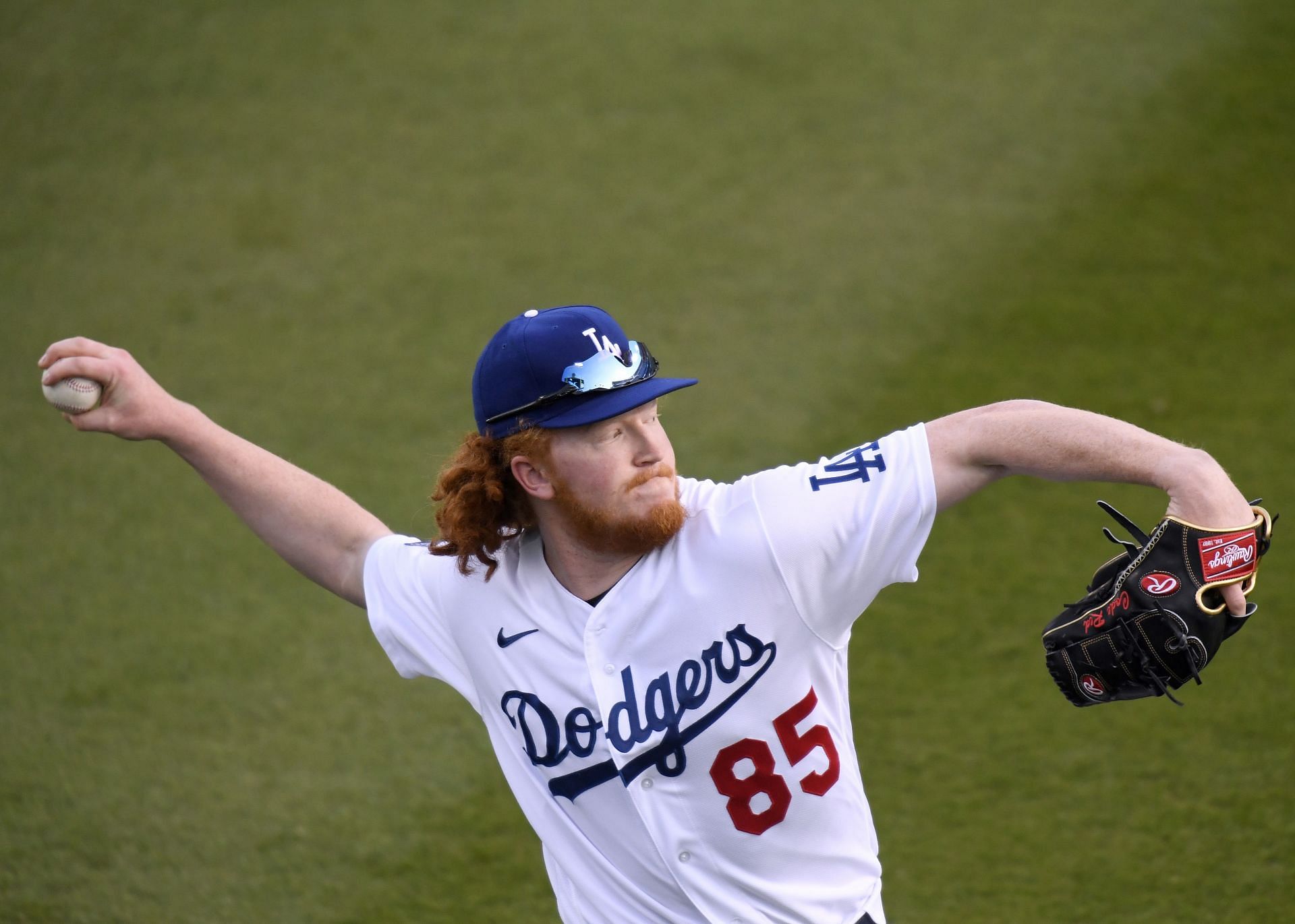 Dustin May warms up ahead of the Colorado Rockies v Dodgers game