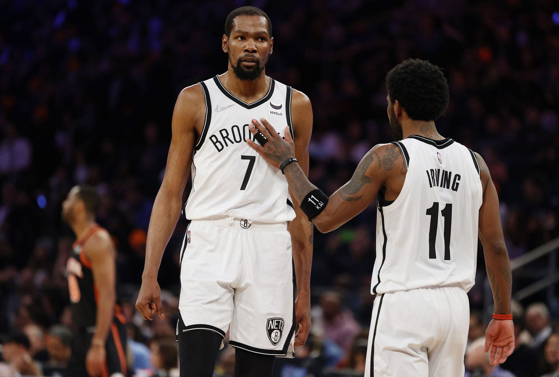Brooklyn Nets stars Kevin Durant and Kyrie Irving in action against the New York Knicks.