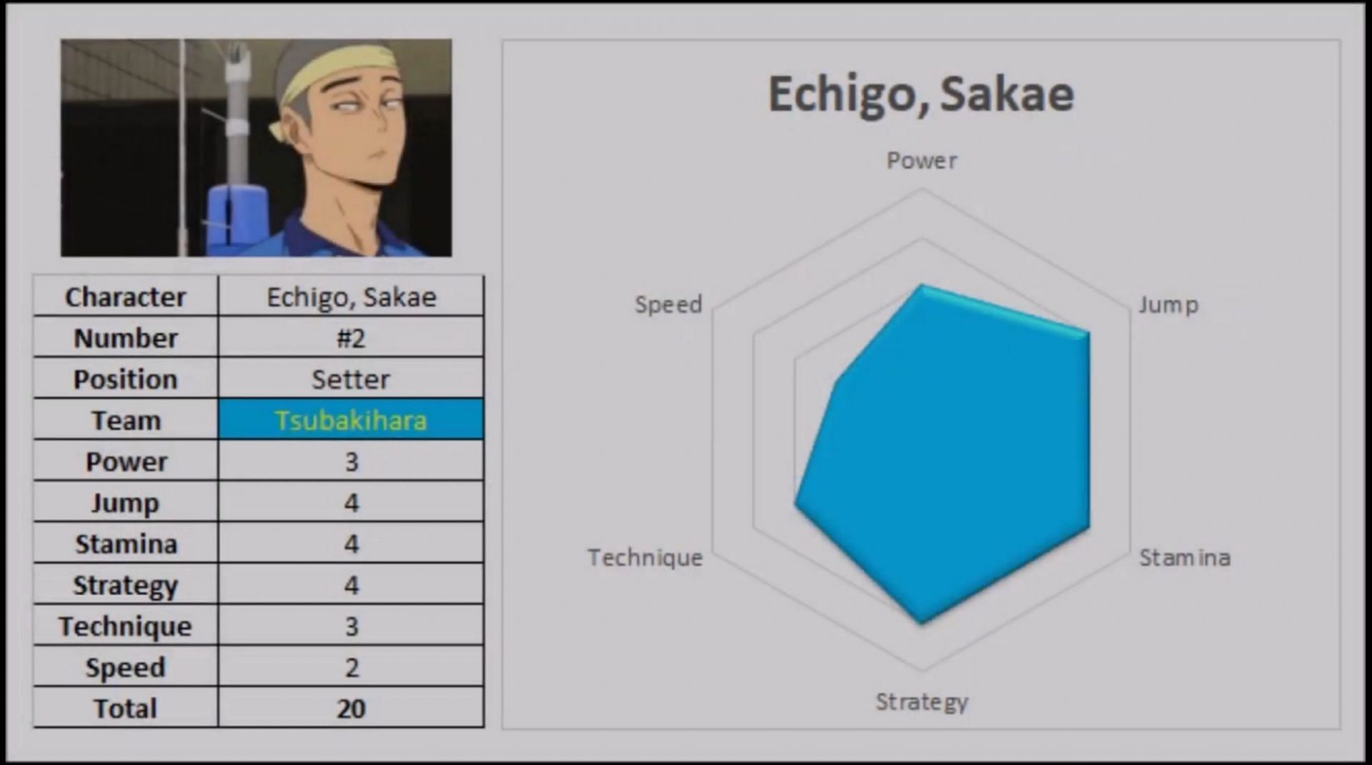 Echigo Sakae&#039;s stats (Image via HaikyuuFacts98)