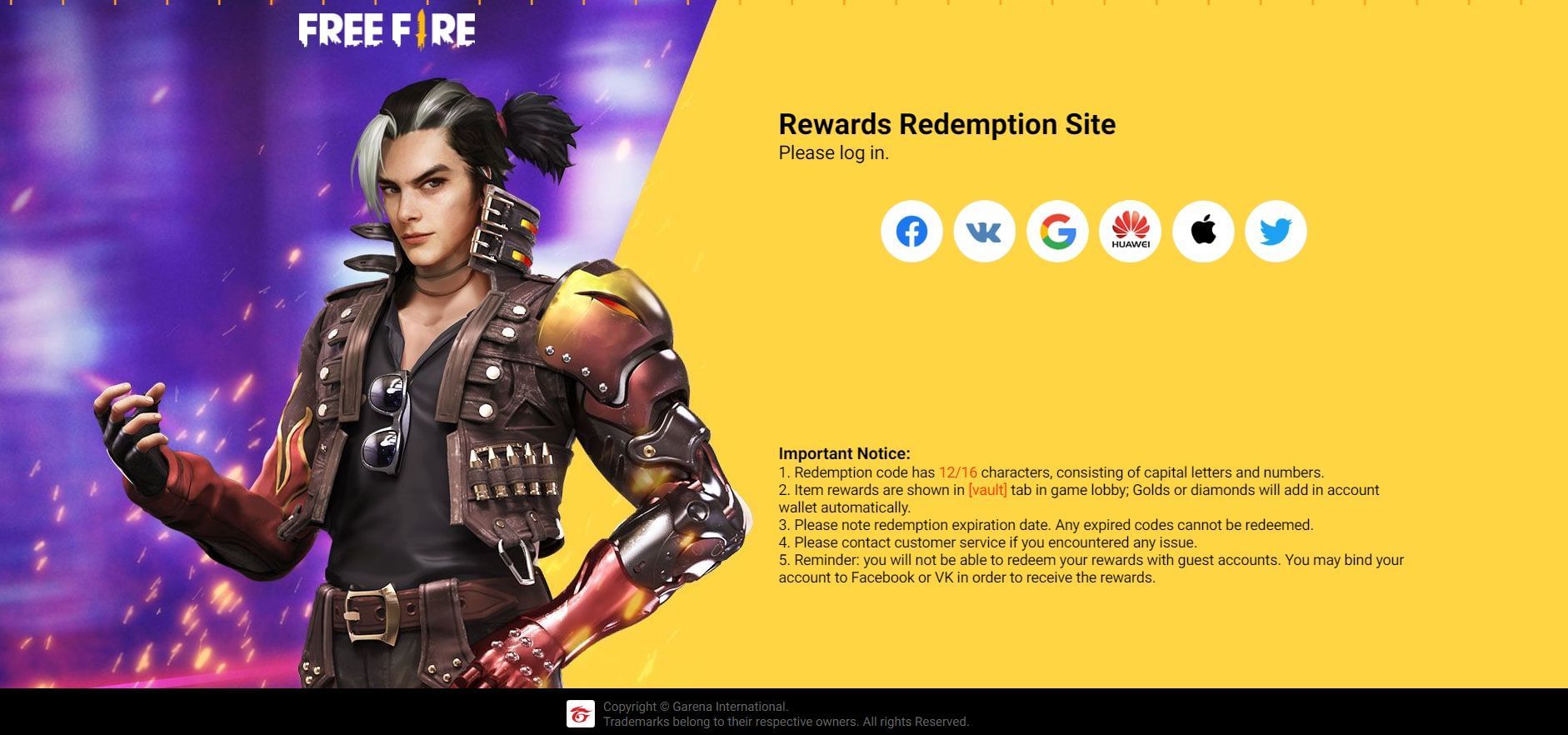 Get free diamonds via Rewards Redemption SIte (Image via Garena)