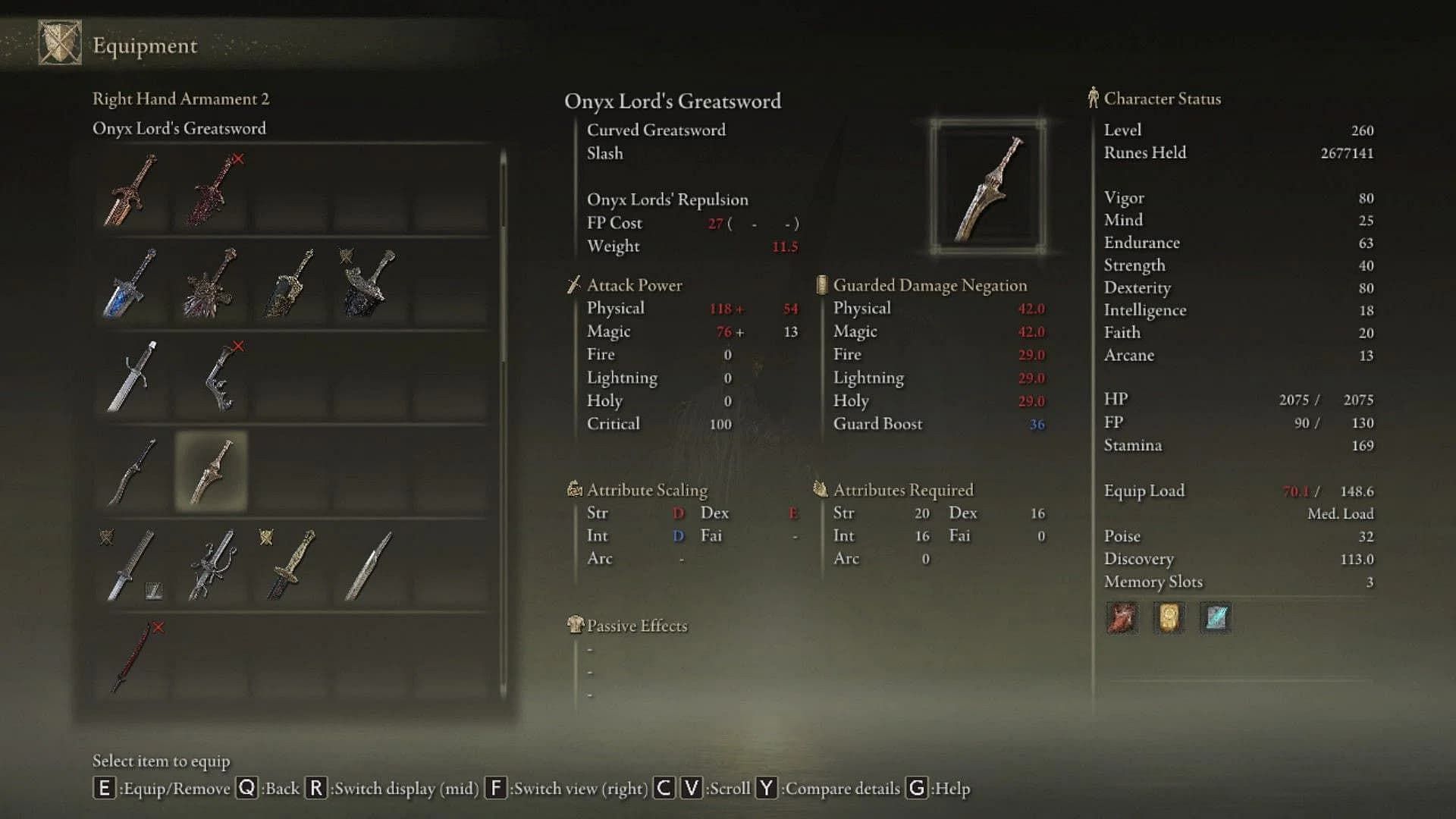 A look at the Onyx Lord&#039;s Greatsword&#039;s inventory page in Elden Ring (Image via FromSoftware Inc.)