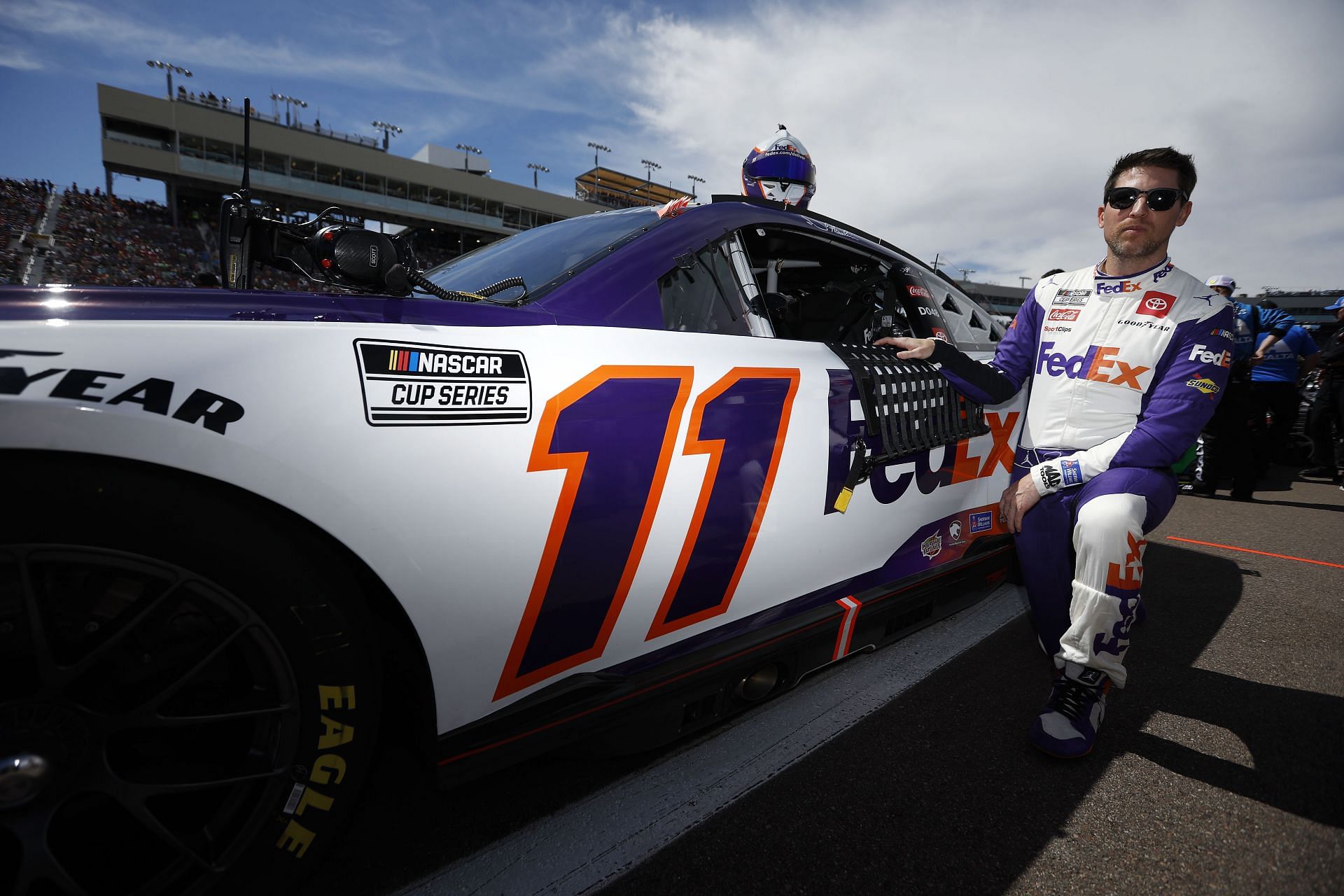 Denny Hamlin poses for a photo prior to the Ruoff Mortgage 500 during at Phoenix Raceway.