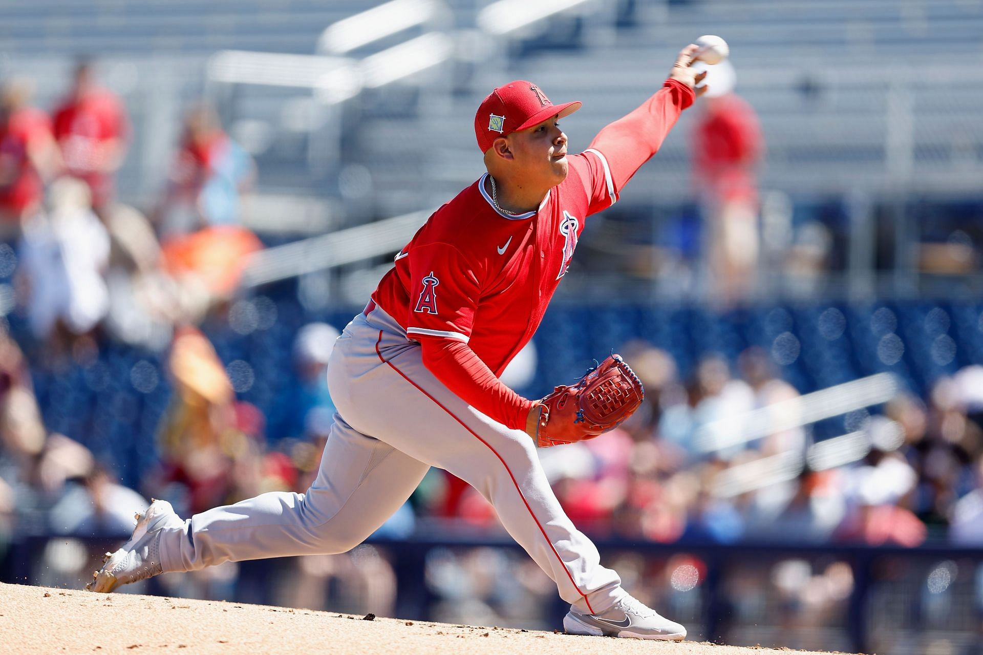 Jose Suarez pitches during a Los Angeles Angels v San Diego Padres game