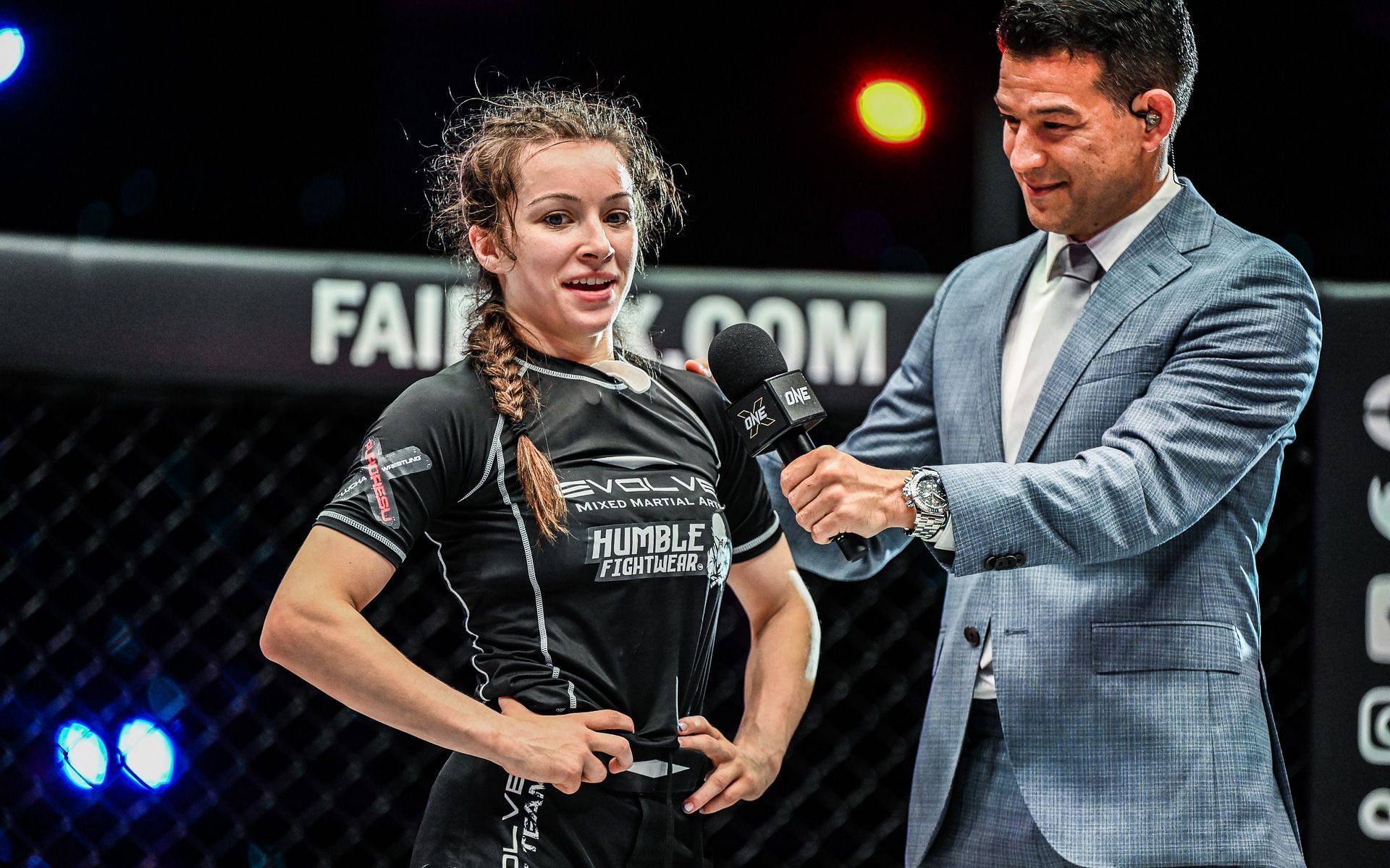 Danielle Kelly (left) talks to Mitch Chilson following her match at ONE X. [Photo: ONE Championship]