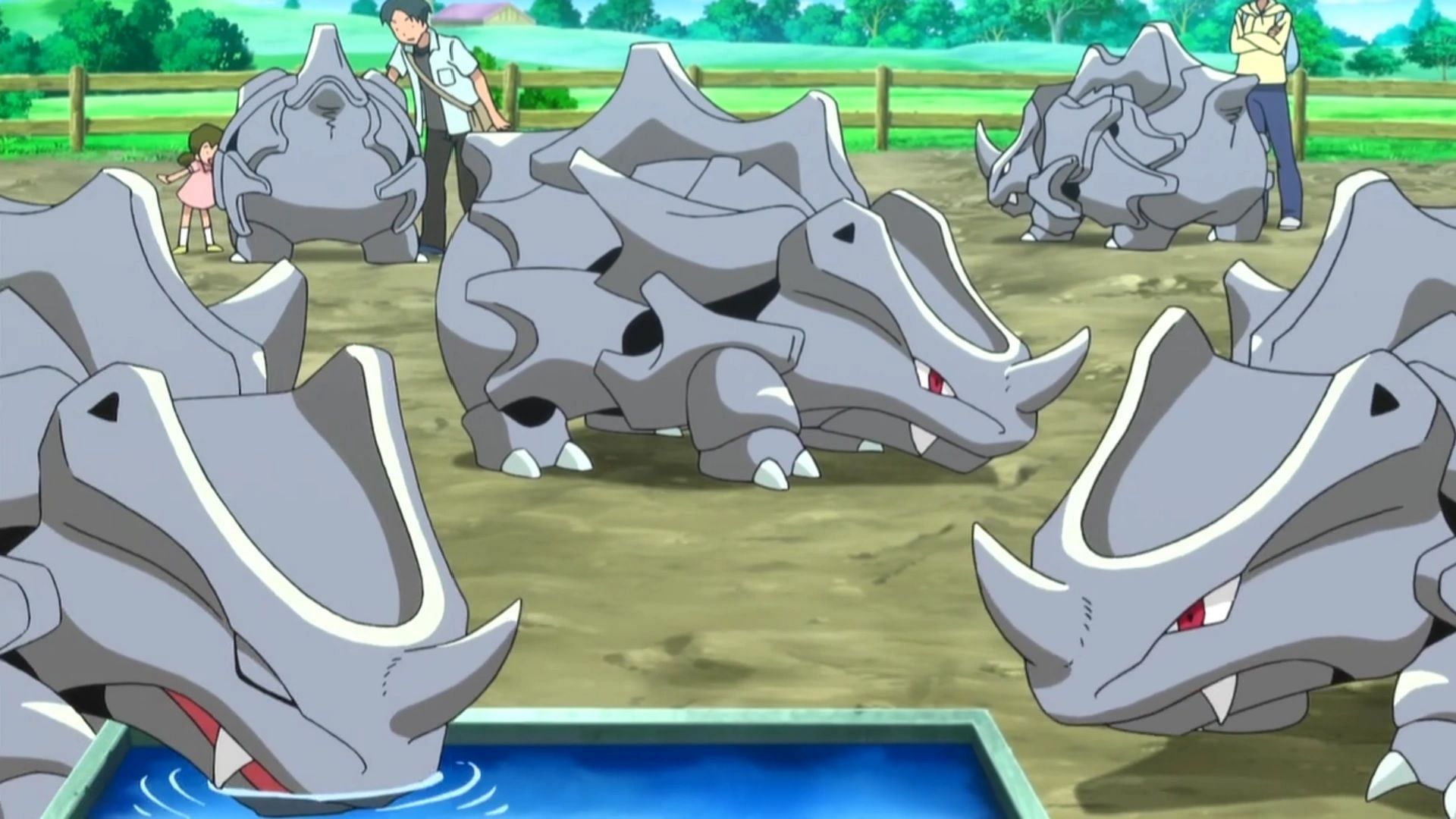 A herd of Rhyhorn as seen in the anime (Image via The Pokemon Company)