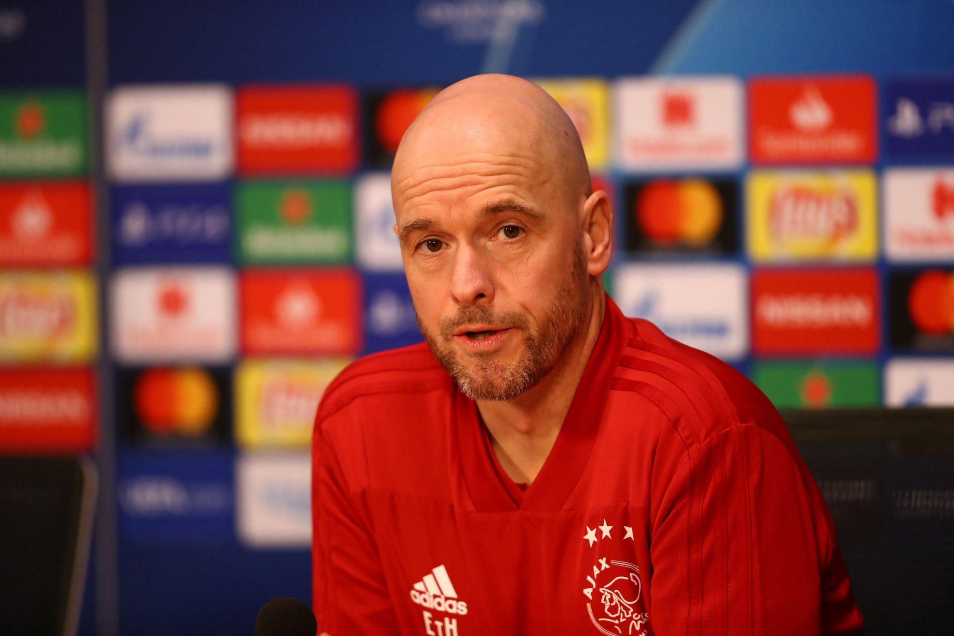 Erik ten Hag at a press conference ahead of a game against Bayern Munich