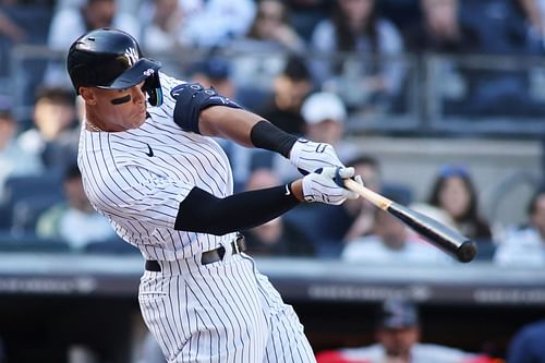 Aaron Judge swings at a pitch during a Boston Red Sox v Yankees game