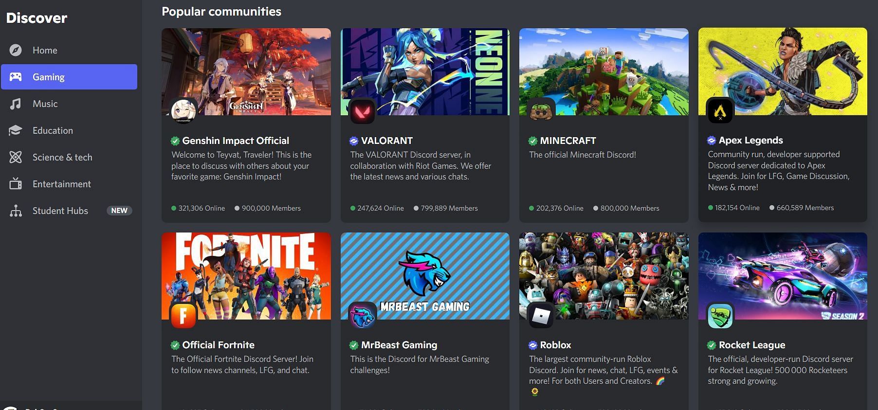 Discord servers categorized as Gaming