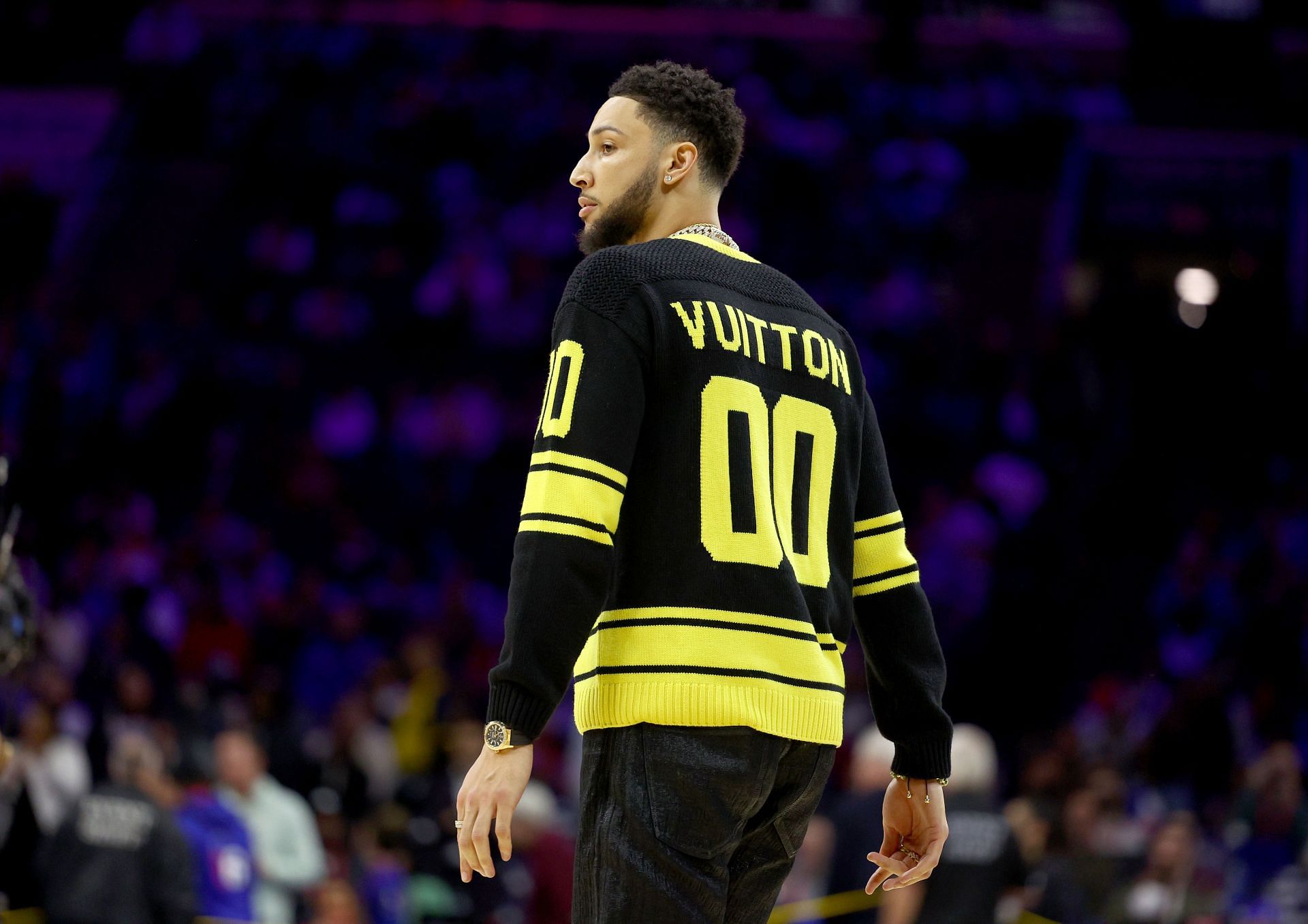 Ben Simmons #10 of the Brooklyn Nets walks on the court at halftime against the Philadelphia 76ers at Wells Fargo Center on March 10, 2022 in Philadelphia, Pennsylvania. The Brooklyn Nets defeated the Philadelphia 76ers 129-100.