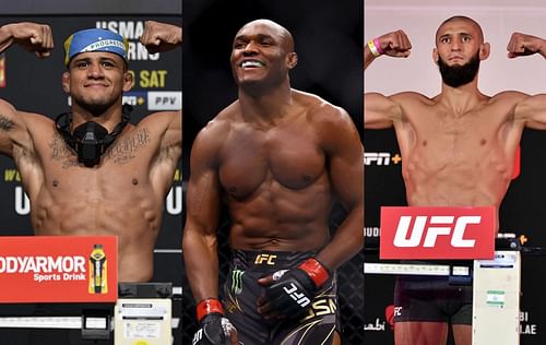 Gilbert Burns (left), Kamaru Usman (center) & Khamzat Chimaev (right)