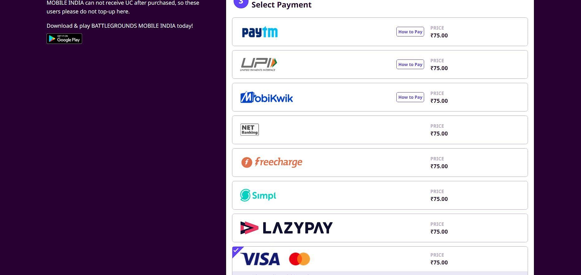 Select payment method (Image via Codashop)