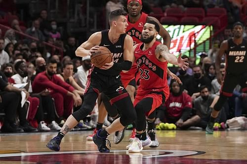 Tyler Herro of the Heat against Fred VanVleet of the Raptors