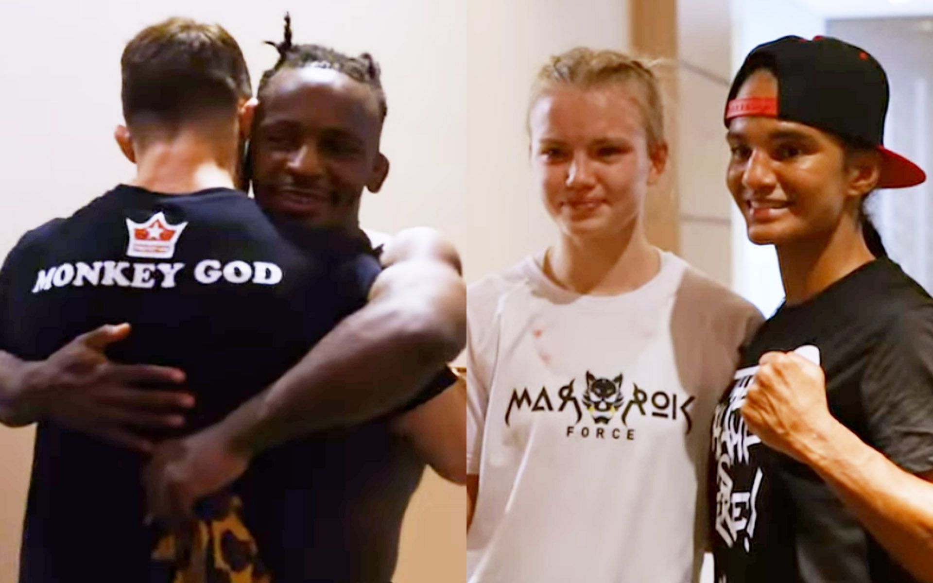 Jarred Brooks and Bokang Masunyane (left) share a moment while Marie Ruumet and Anissa Meksen (right) pose for a photo | [Photos: ONE Championship]