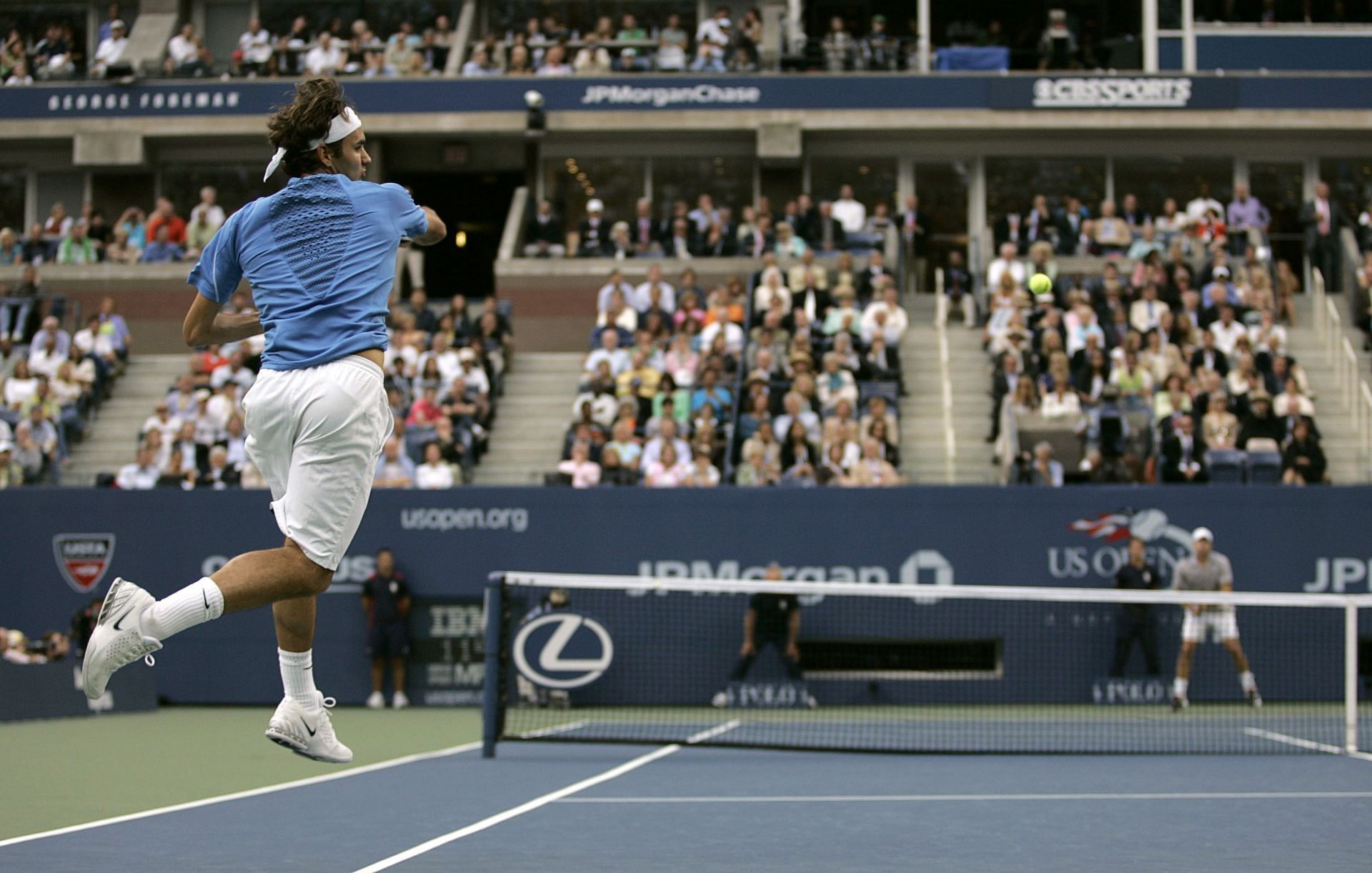 Federer in action at the US Open against Andy Roddick