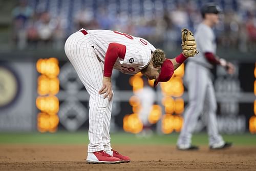 Alec Bohm makes an error during last yeas Miami Marlins v Philadelphia Phillies game