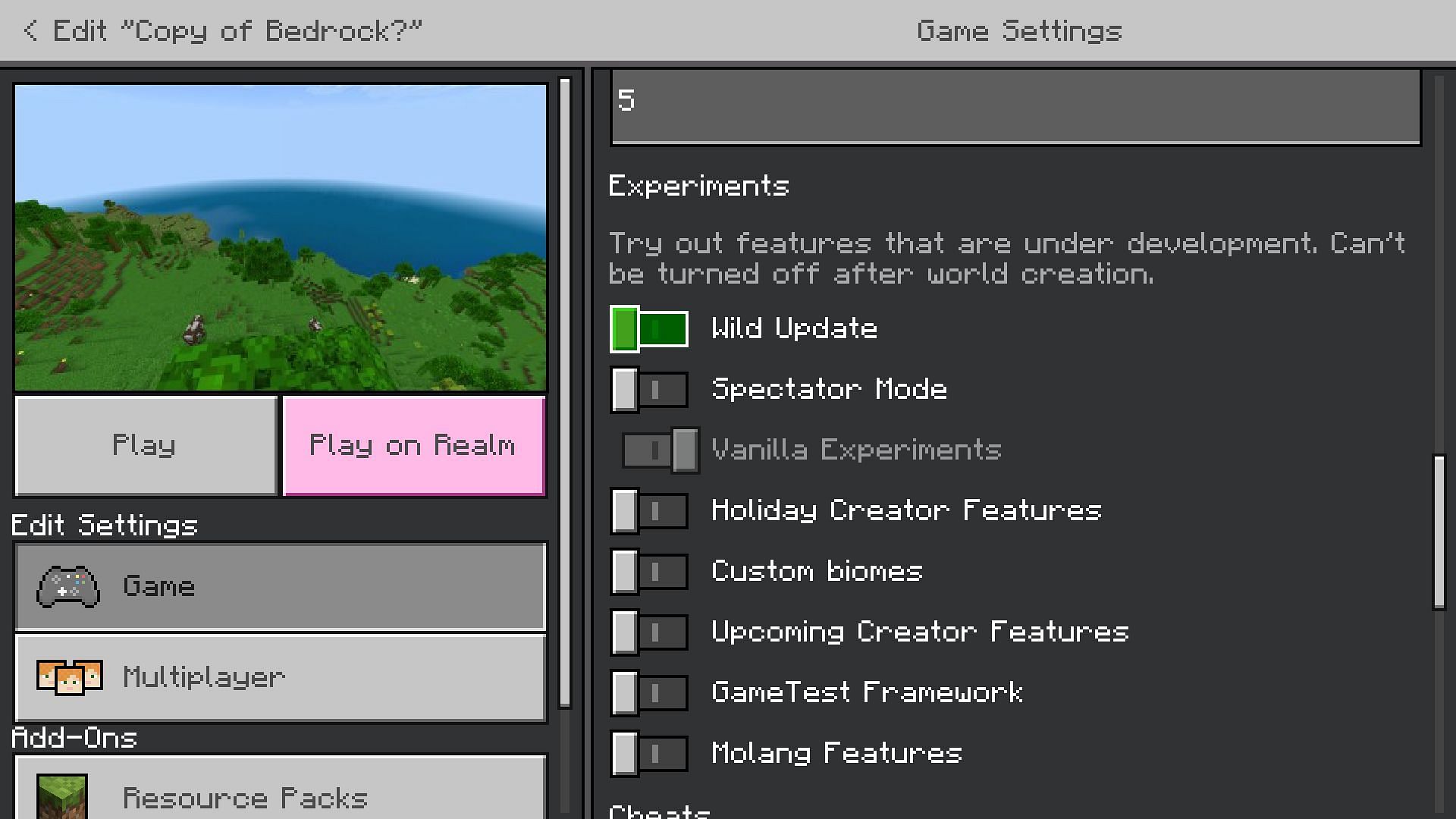 Wild update toggle now enables all the new upcoming features (Image via Minecraft Bedrock Edition)
